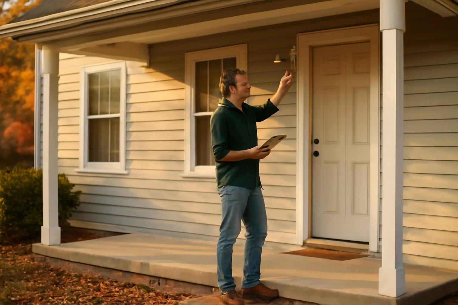Landlord inspecting a single-family rental house porch and entry during a licensing check
