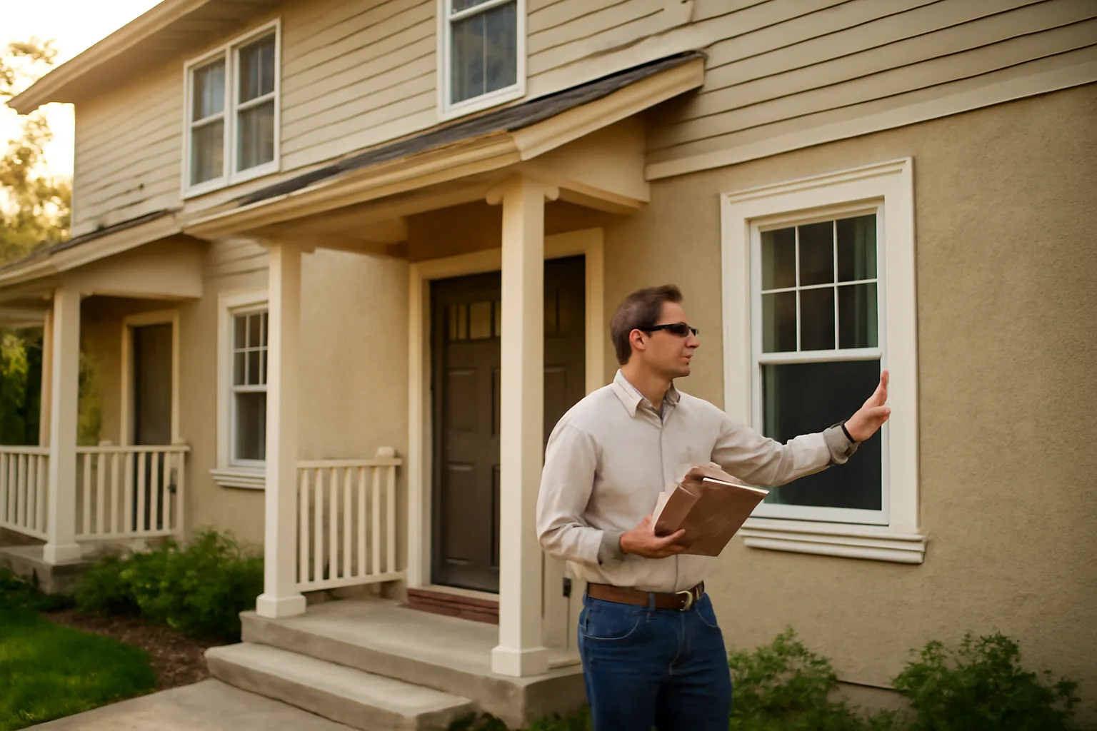 Landlord inspecting exterior of a small rental duplex before checking license requirements
