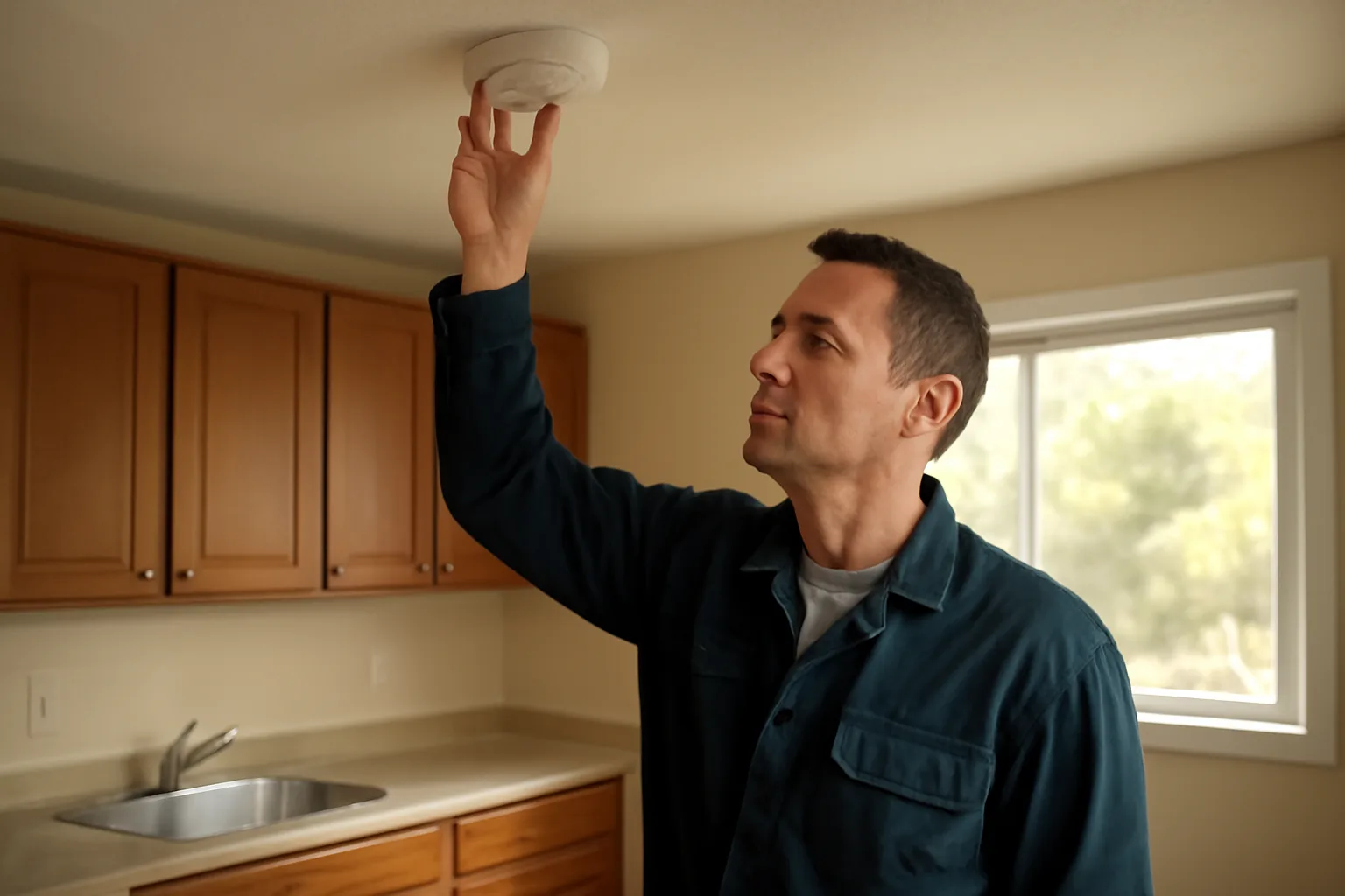 Landlord checking a smoke detector during a rental property inspection walk-through
