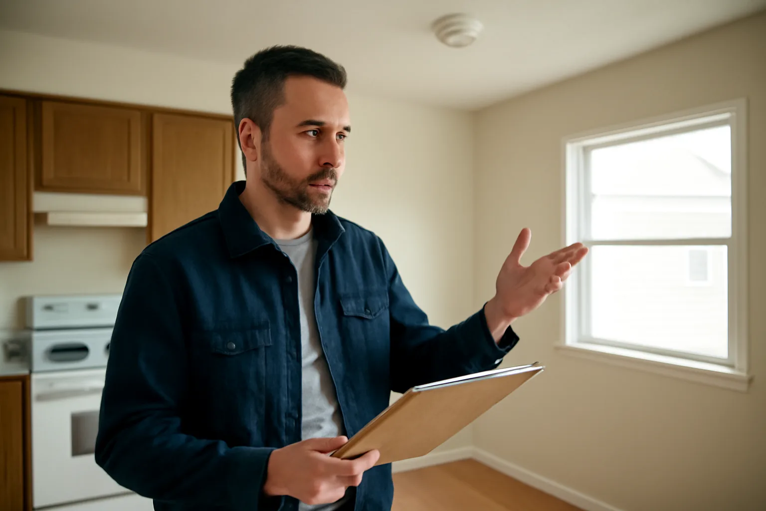 Landlord standing in an empty rental unit checking a ceiling smoke detector during inspection prep