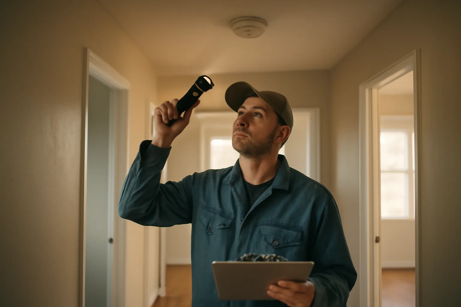 Landlord inspecting a smoke detector during a rental property walk-through inspection