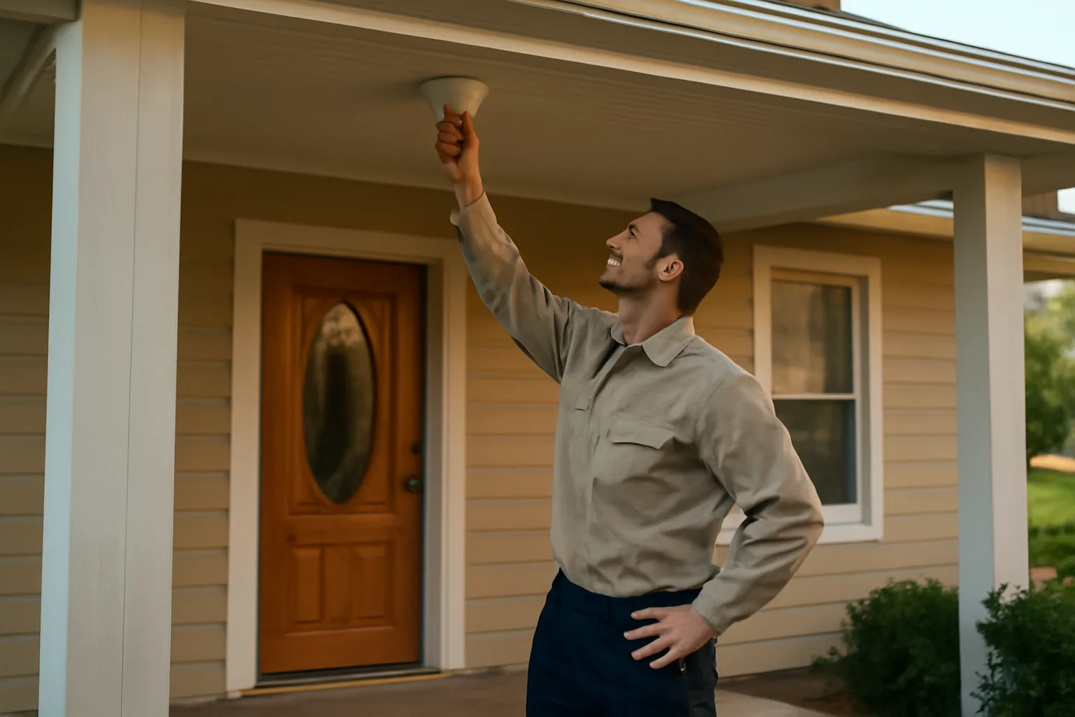 Landlord inspecting a smoke detector on a rental property porch in afternoon light