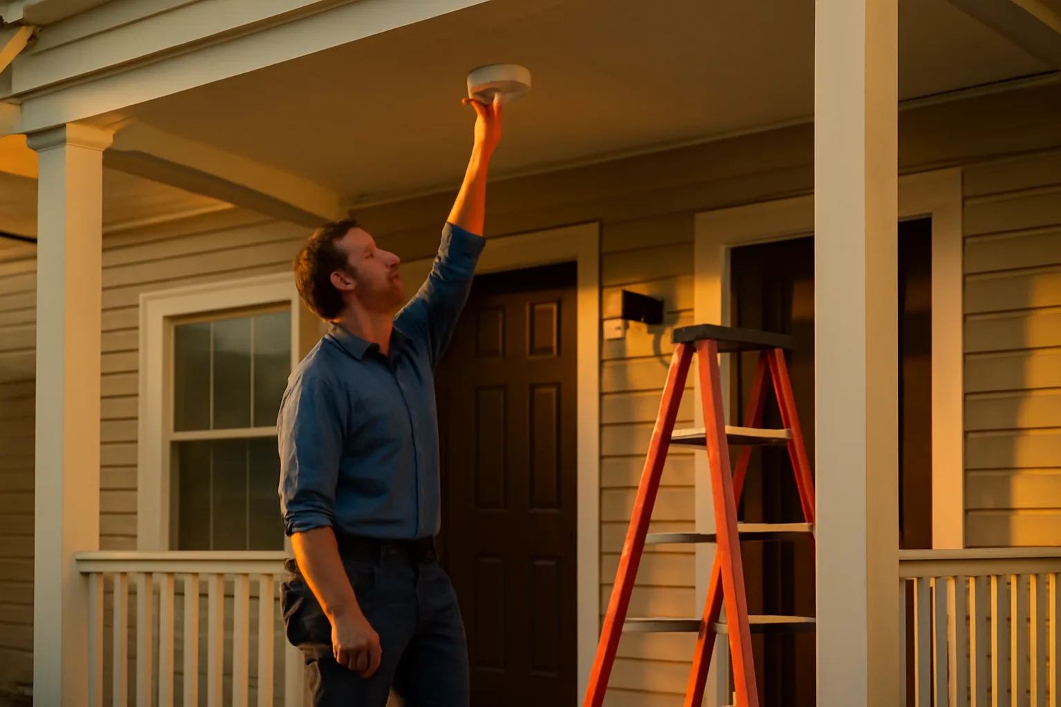 Live-in landlord checking a smoke detector on a duplex porch at dusk