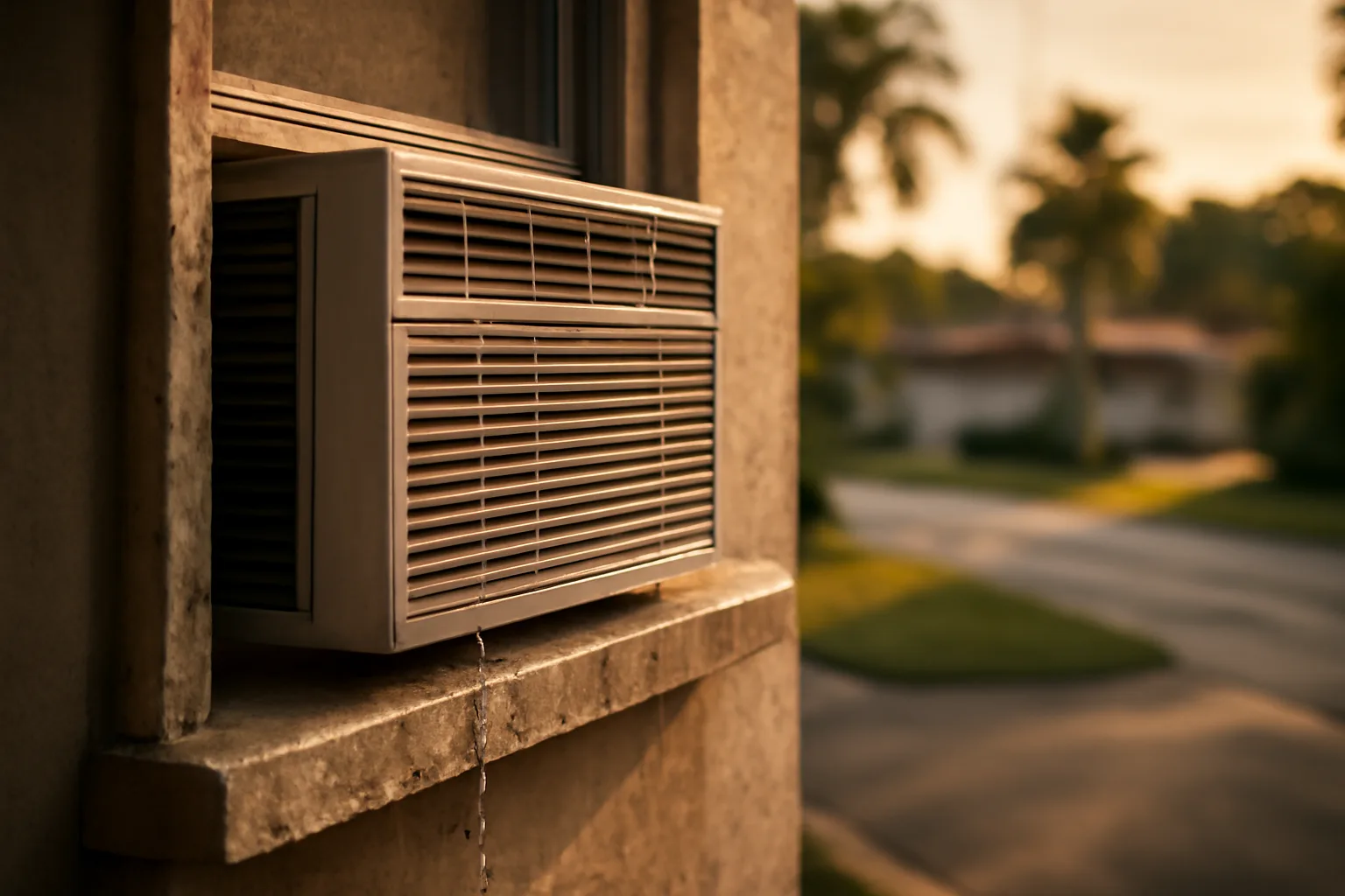 Window air conditioning unit installed in a Florida rental apartment window