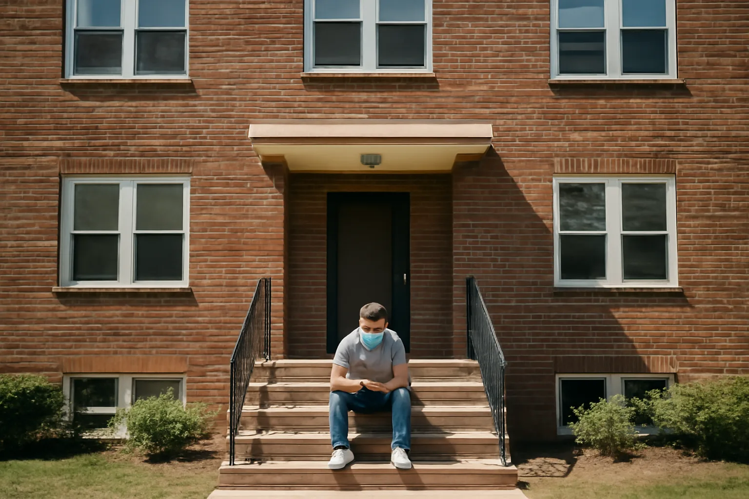 Tenant checking a phone outside a small apartment building, researching landlord license status