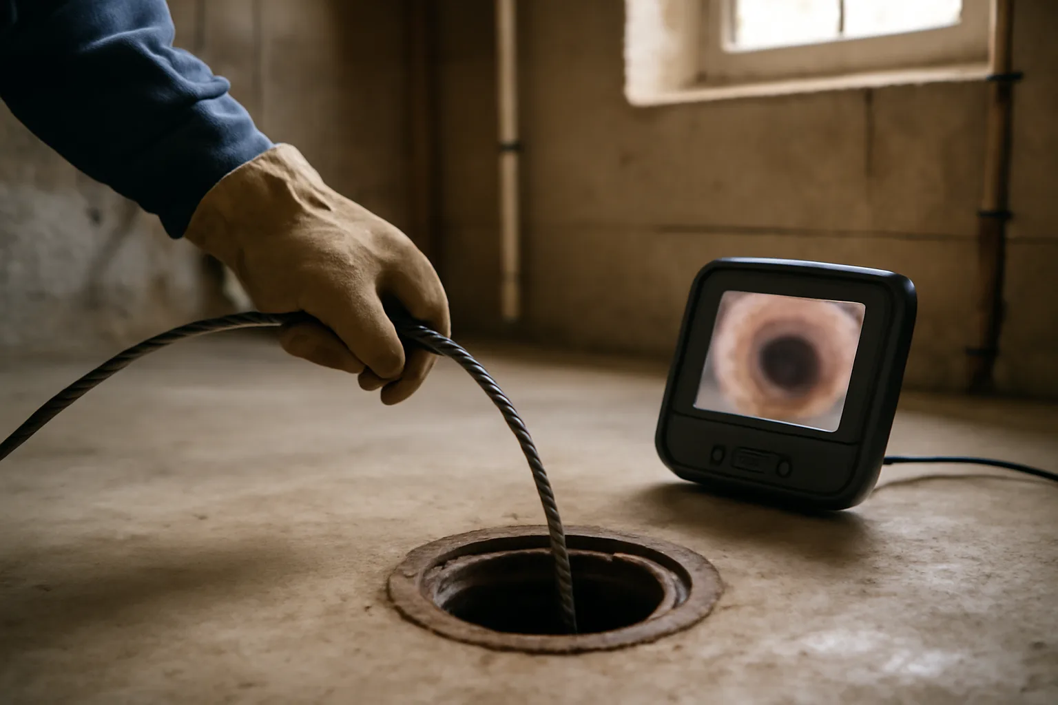 Landlord using a drain inspection camera cable in a basement floor drain