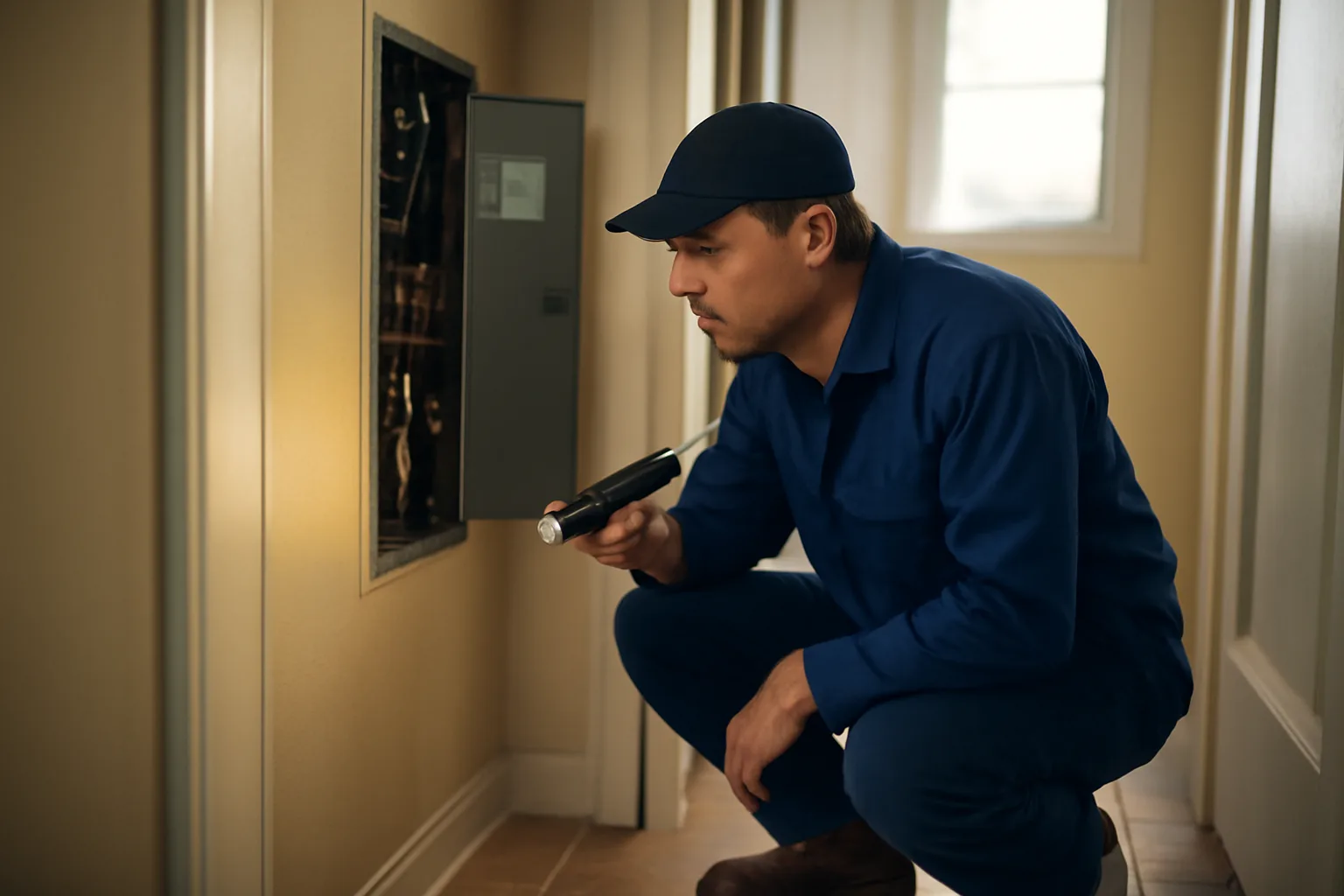 Landlord checking an electrical panel during a final inspection walkthrough of a rental unit