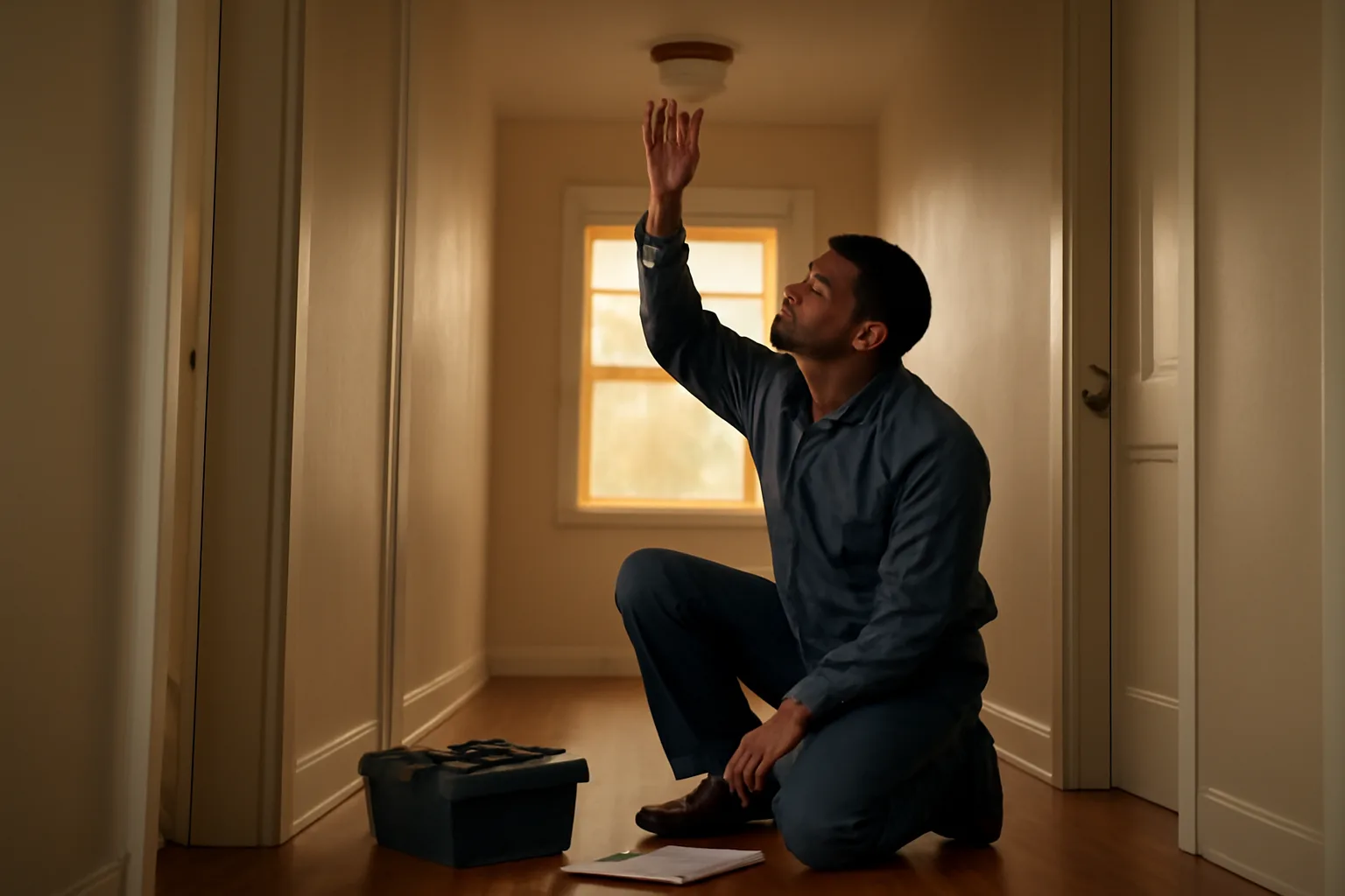 Landlord using a rental inspection checklist to check a hallway smoke detector