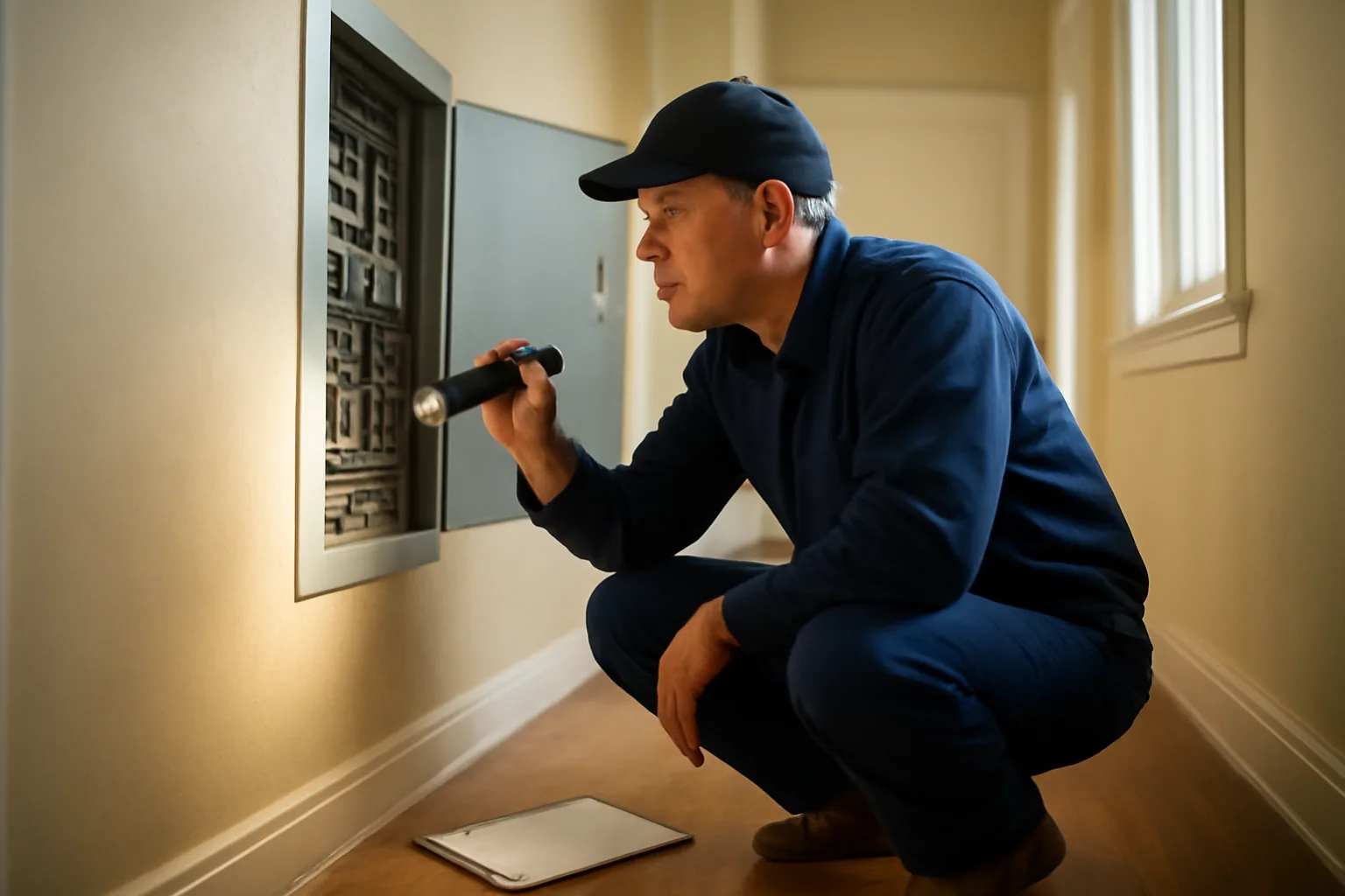 Landlord inspecting an electrical panel during a rental property walk-through inspection