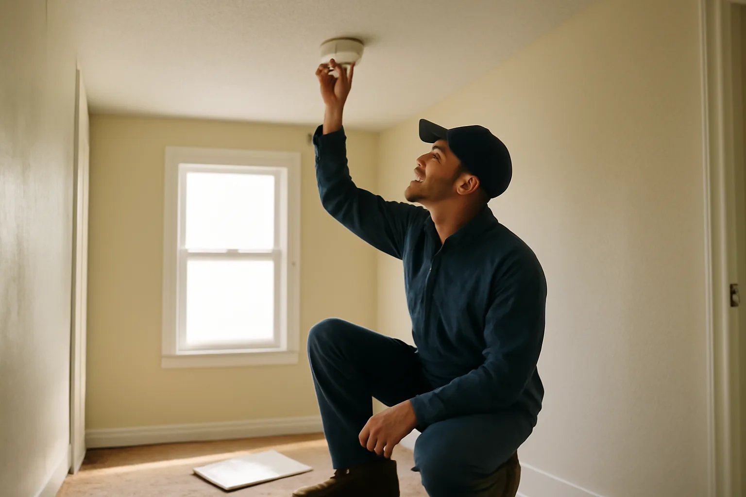 Landlord checking a smoke detector during a rental inspection walk-through