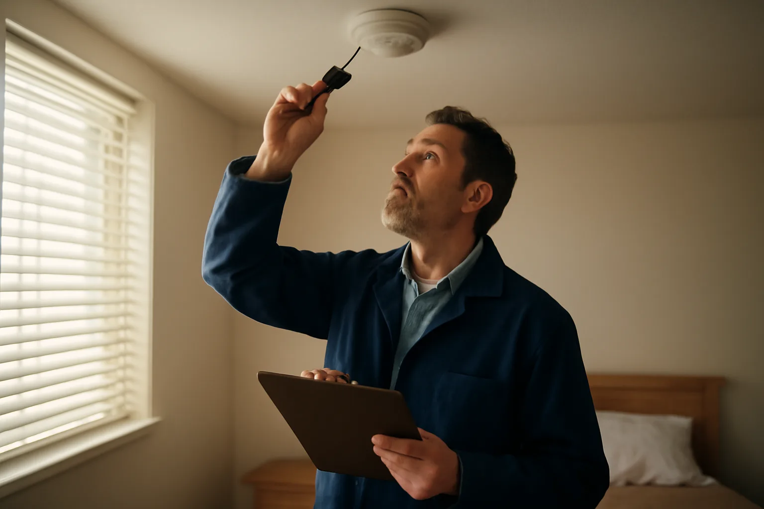 Landlord using a flashlight to check a smoke detector during a rental walkthrough checklist inspection