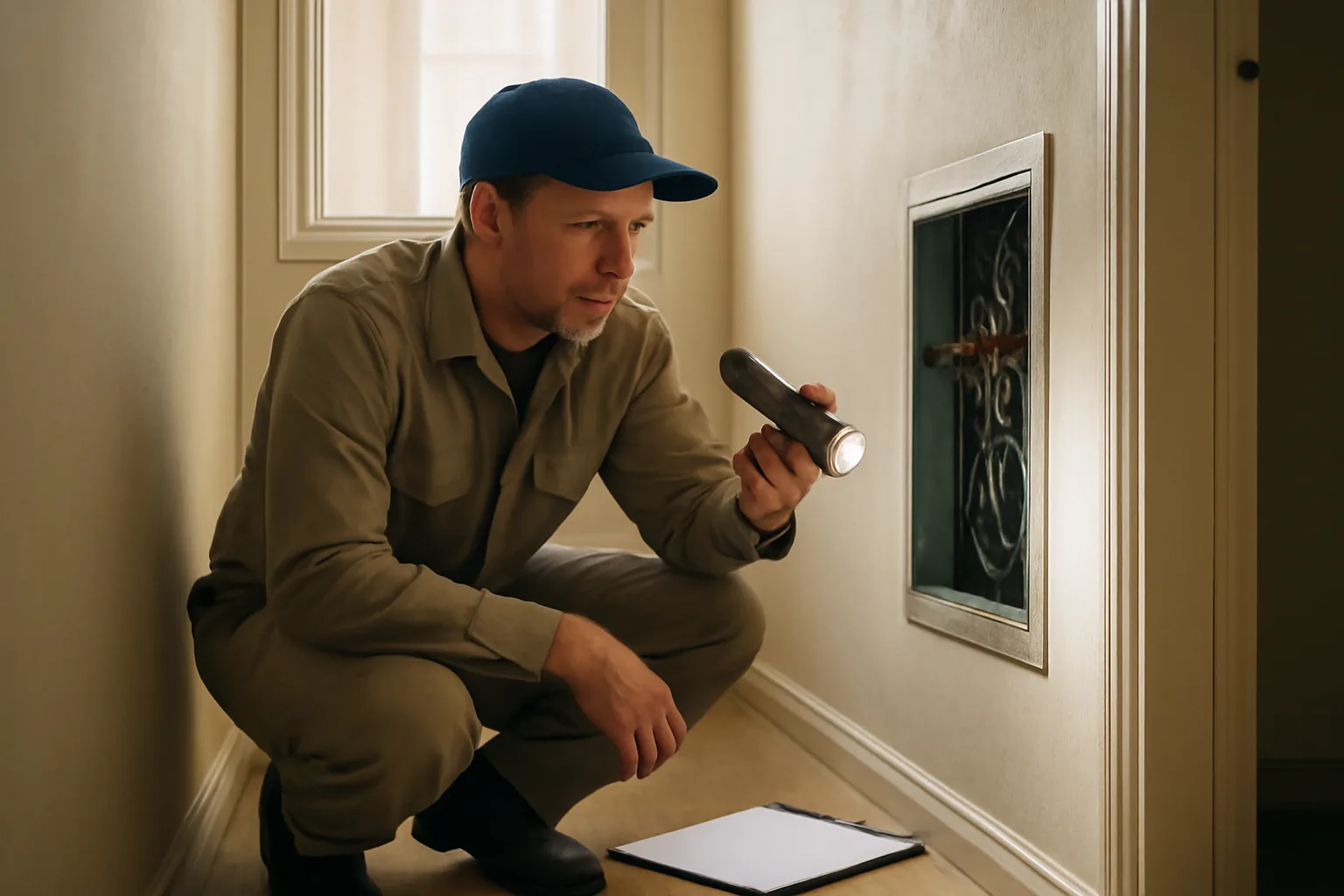 Landlord inspecting an electrical panel during a general apartment inspection