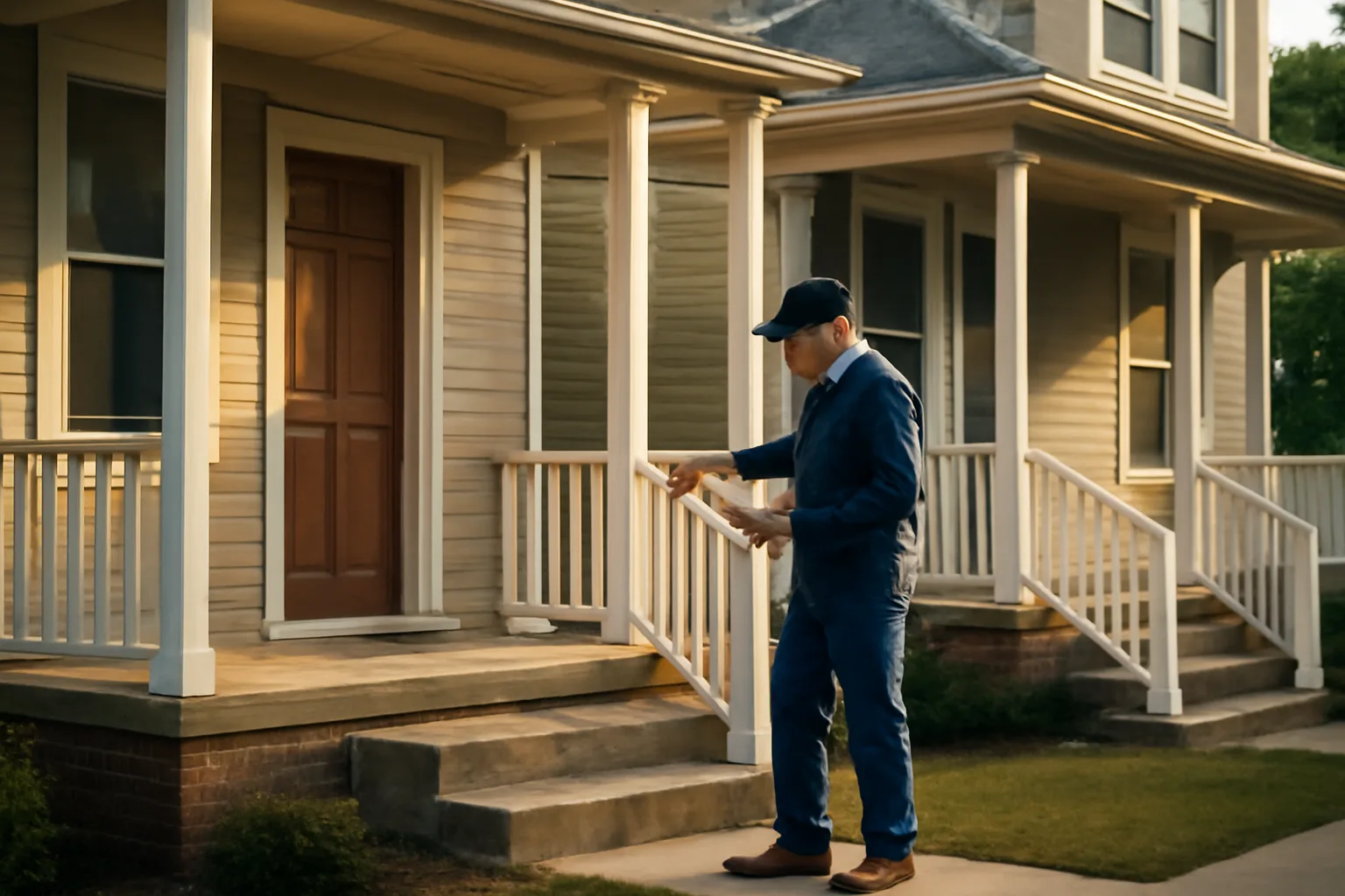 Landlord inspecting a rental duplex exterior in early morning light