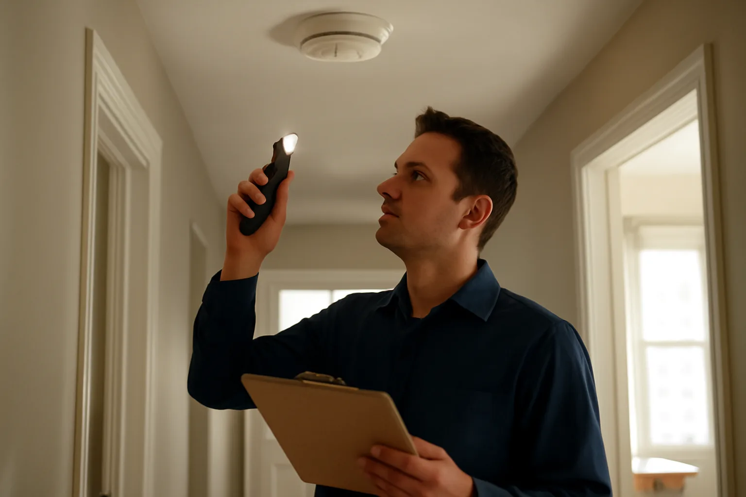 Inspector checking a smoke detector during a rental inspection in an apartment hallway