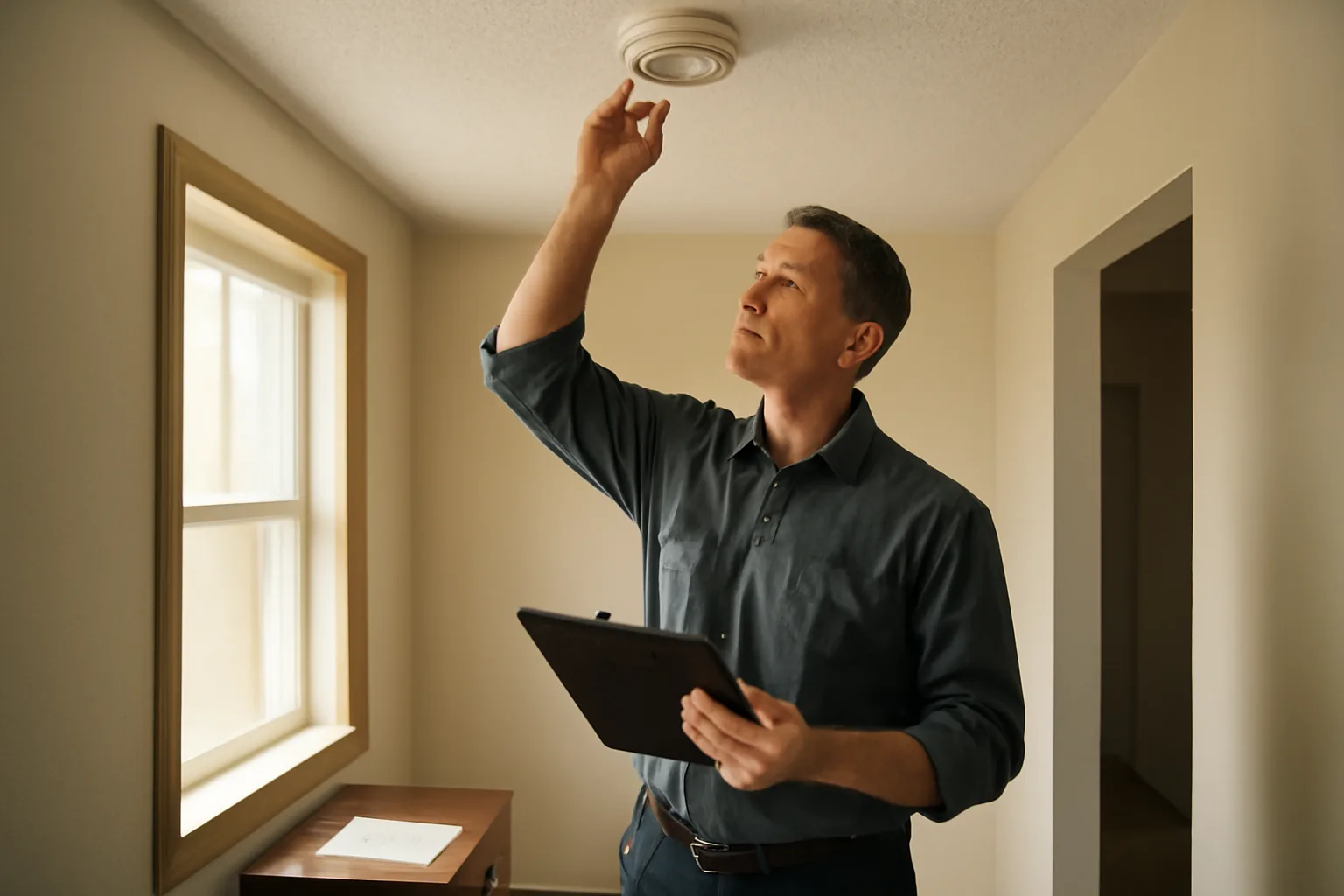 Landlord checking a smoke detector during a rental inspection notice period