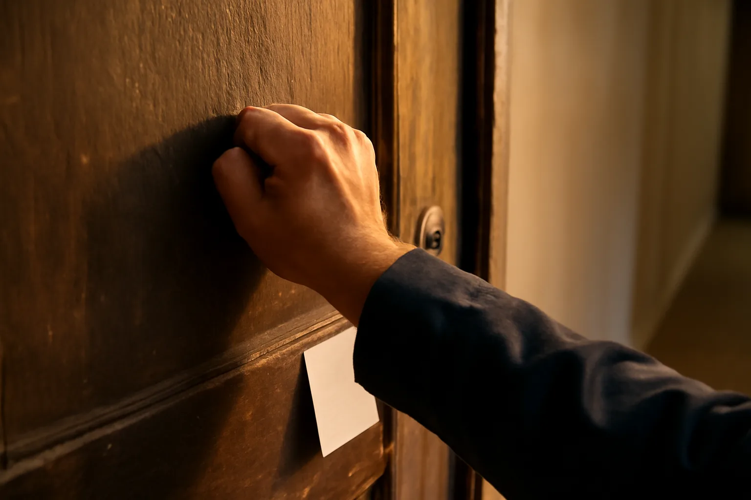 landlord knocking on a tenant's door with an advance entry notice tucked into the frame
