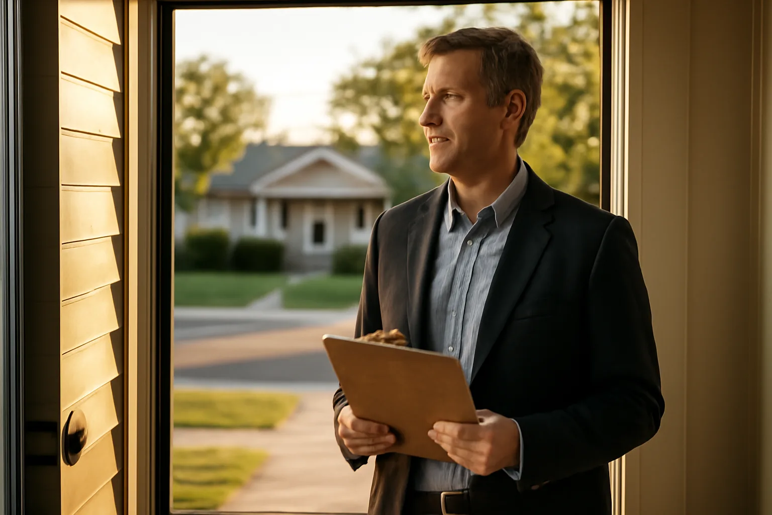 Landlord standing at a rental home's front door illustrating advance notice for entry