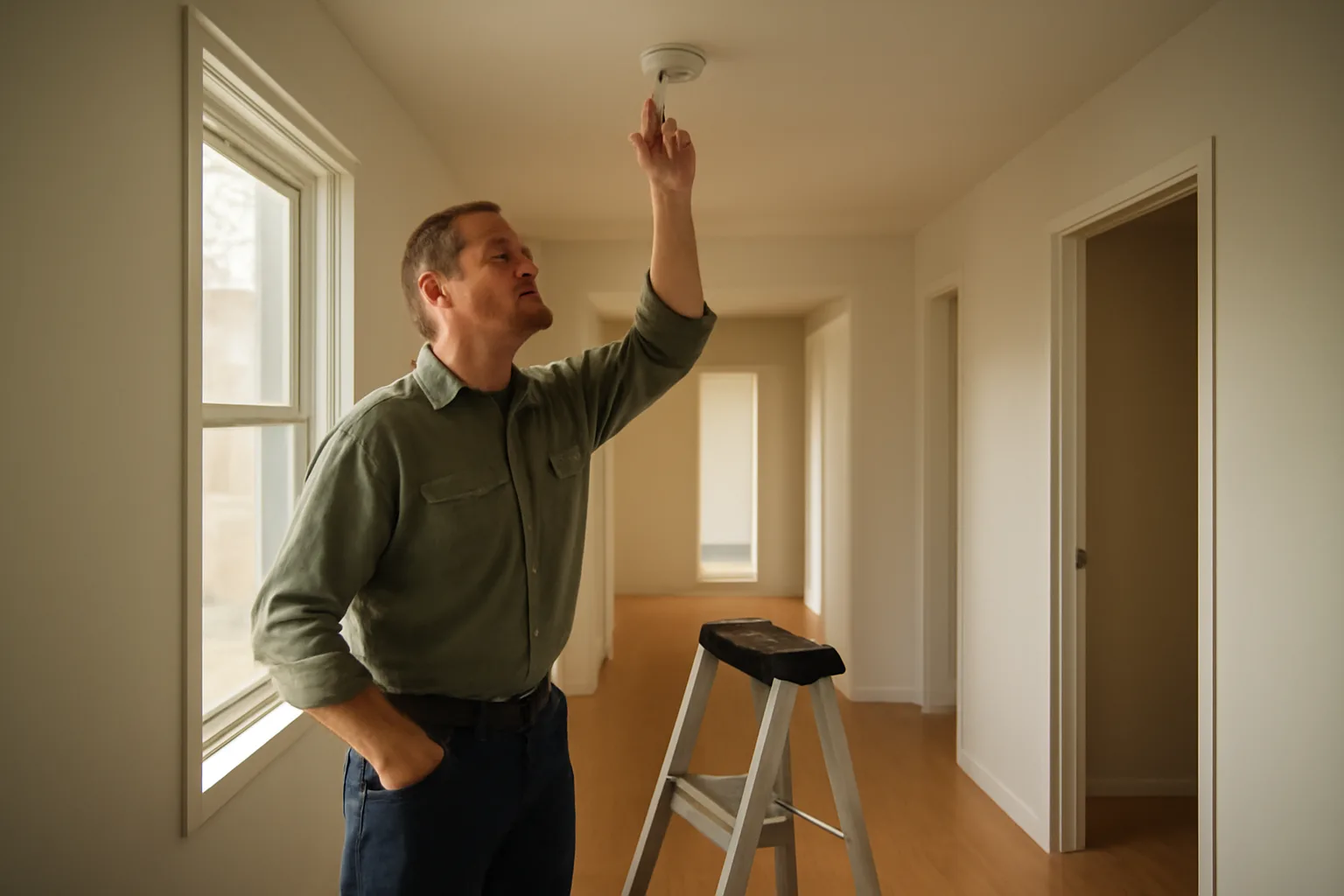 Landlord checking a smoke detector during a rental license inspection walkthrough