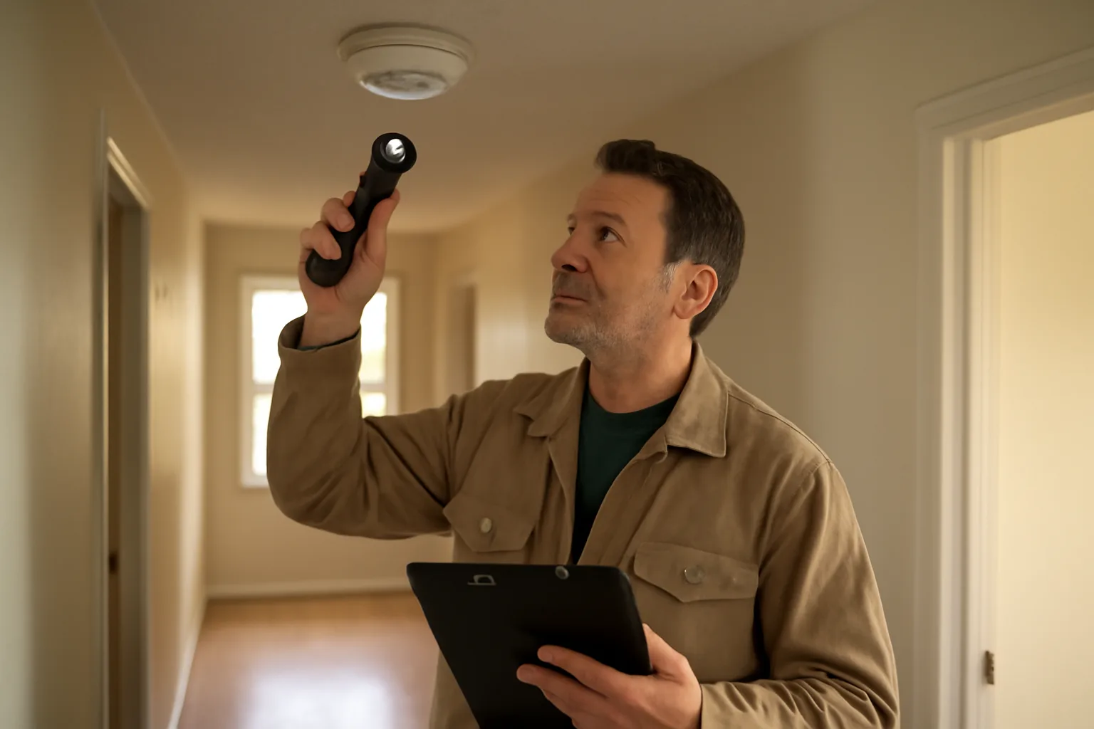 Landlord inspecting a smoke detector in an empty rental unit hallway