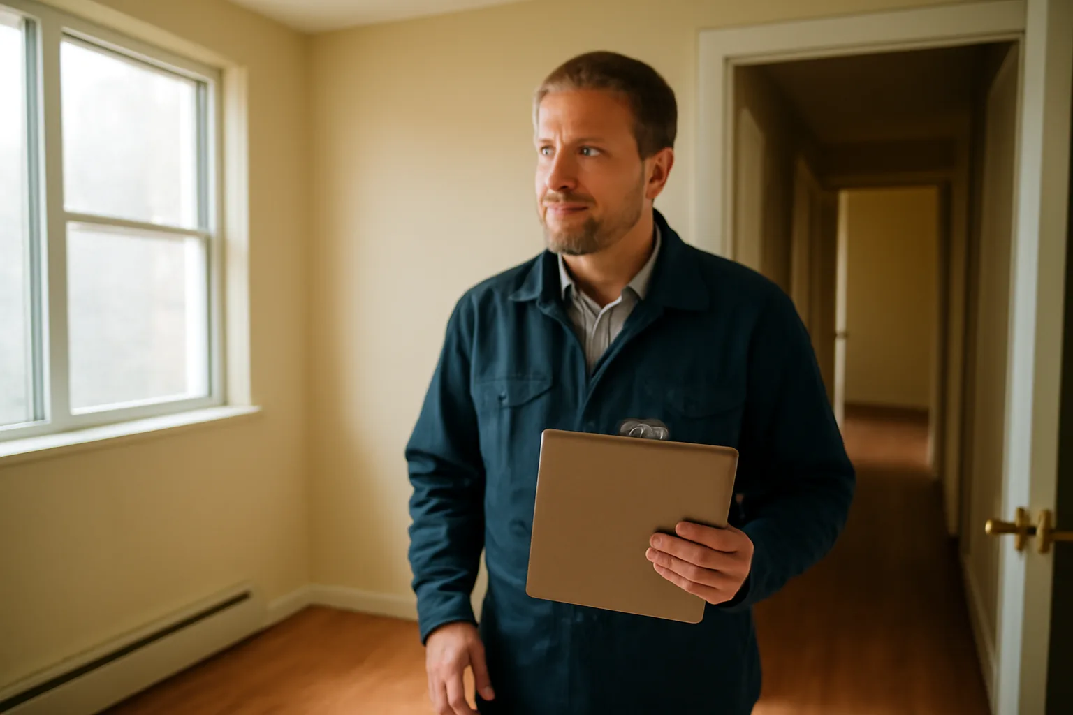 Landlord checking a rental unit doorway during a scheduled inspection visit