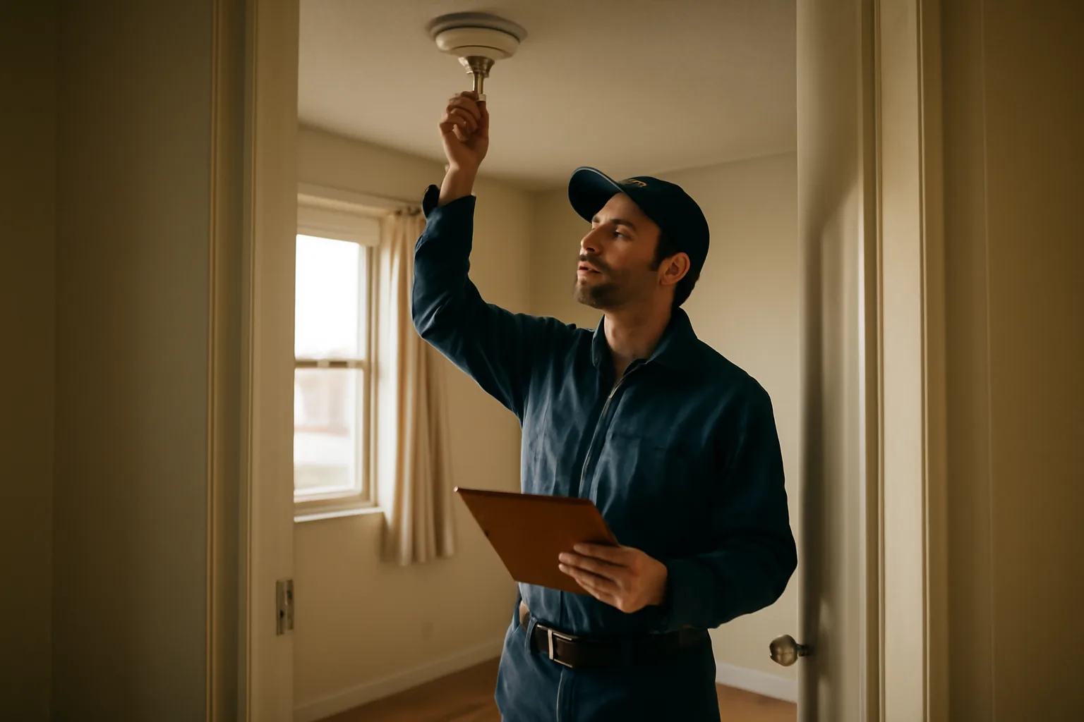 Landlord checking a smoke detector during a rental inspection notice period