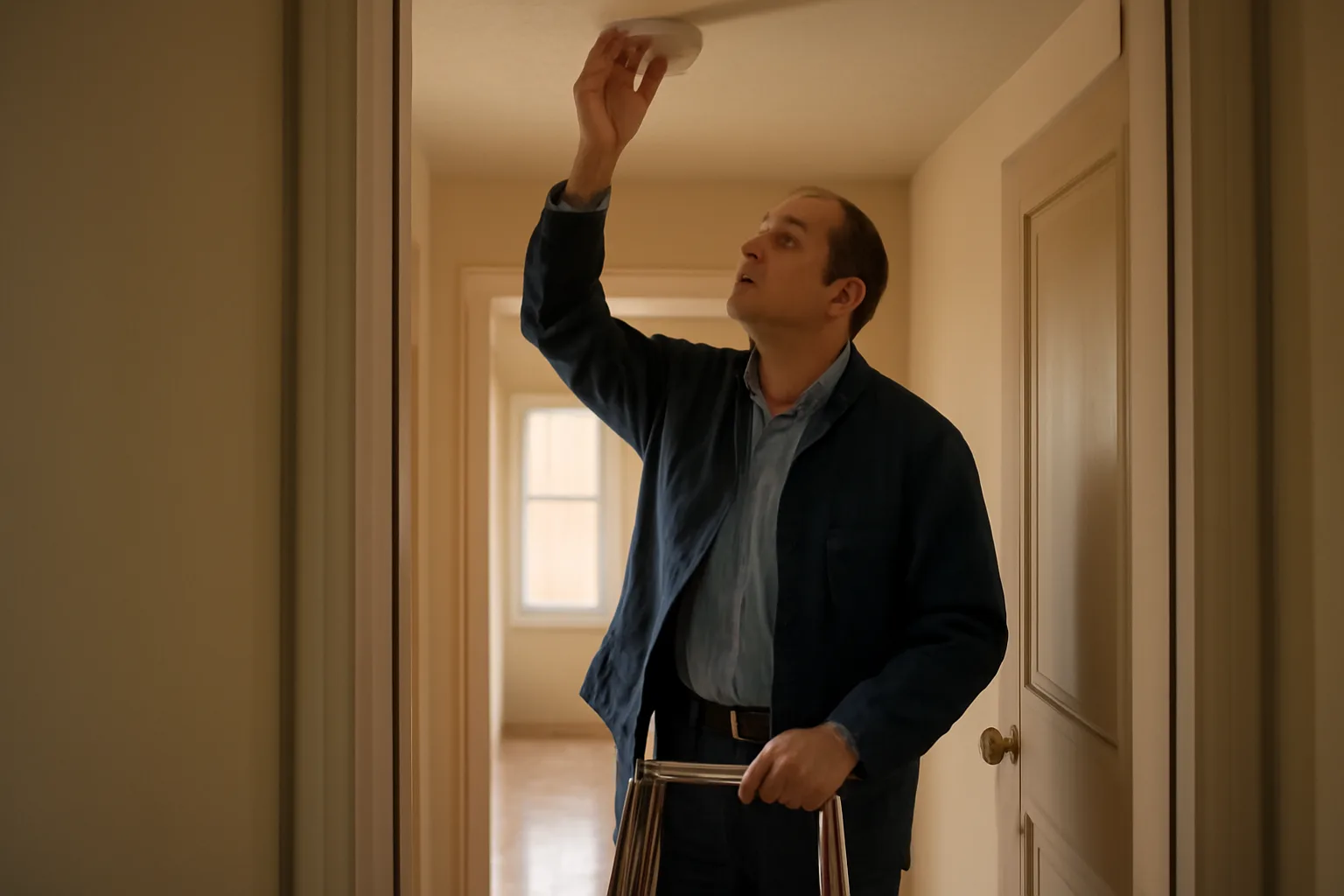 Landlord checking a smoke detector in a rental unit hallway before an inspection