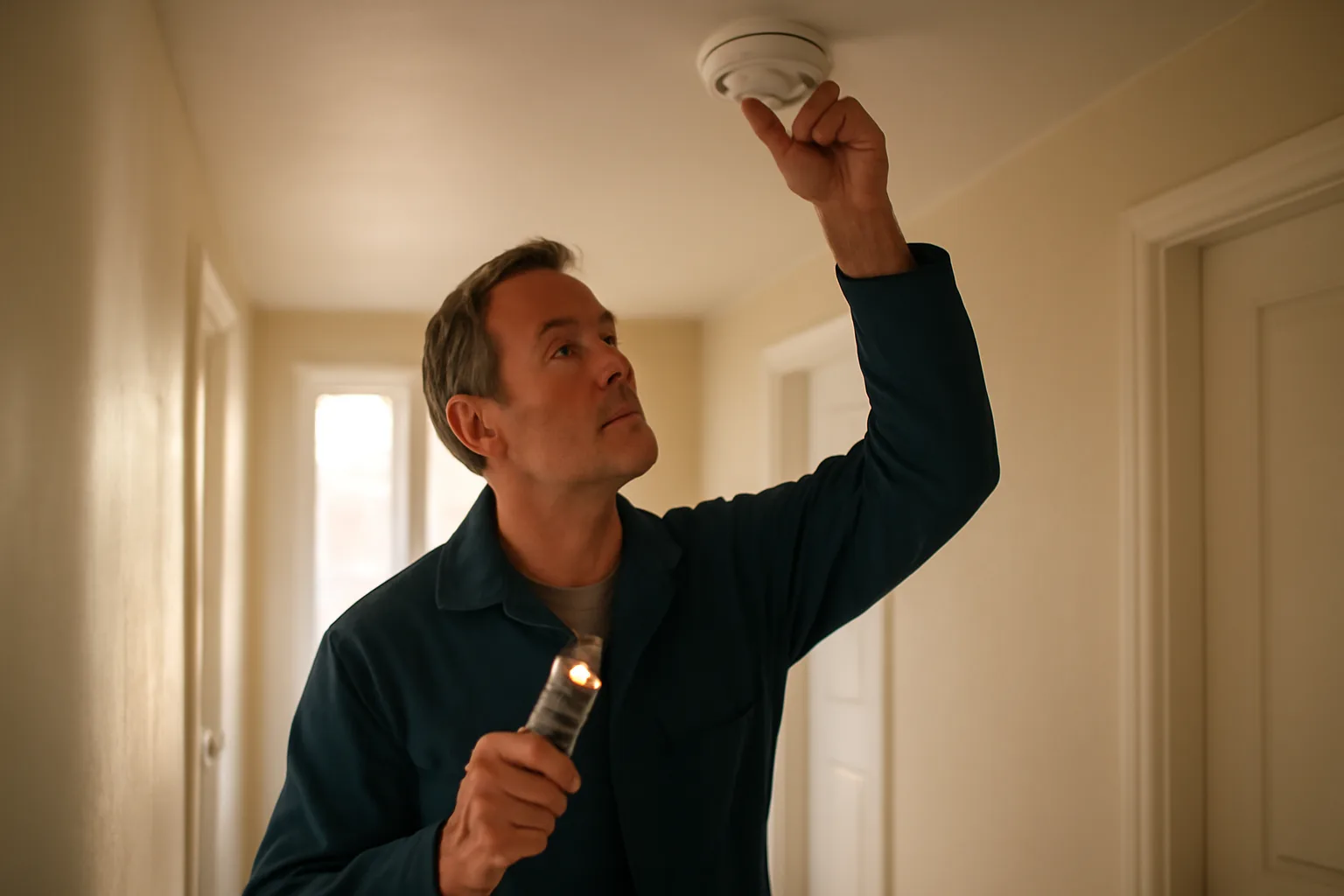 Landlord checking a smoke detector during a rental property inspection