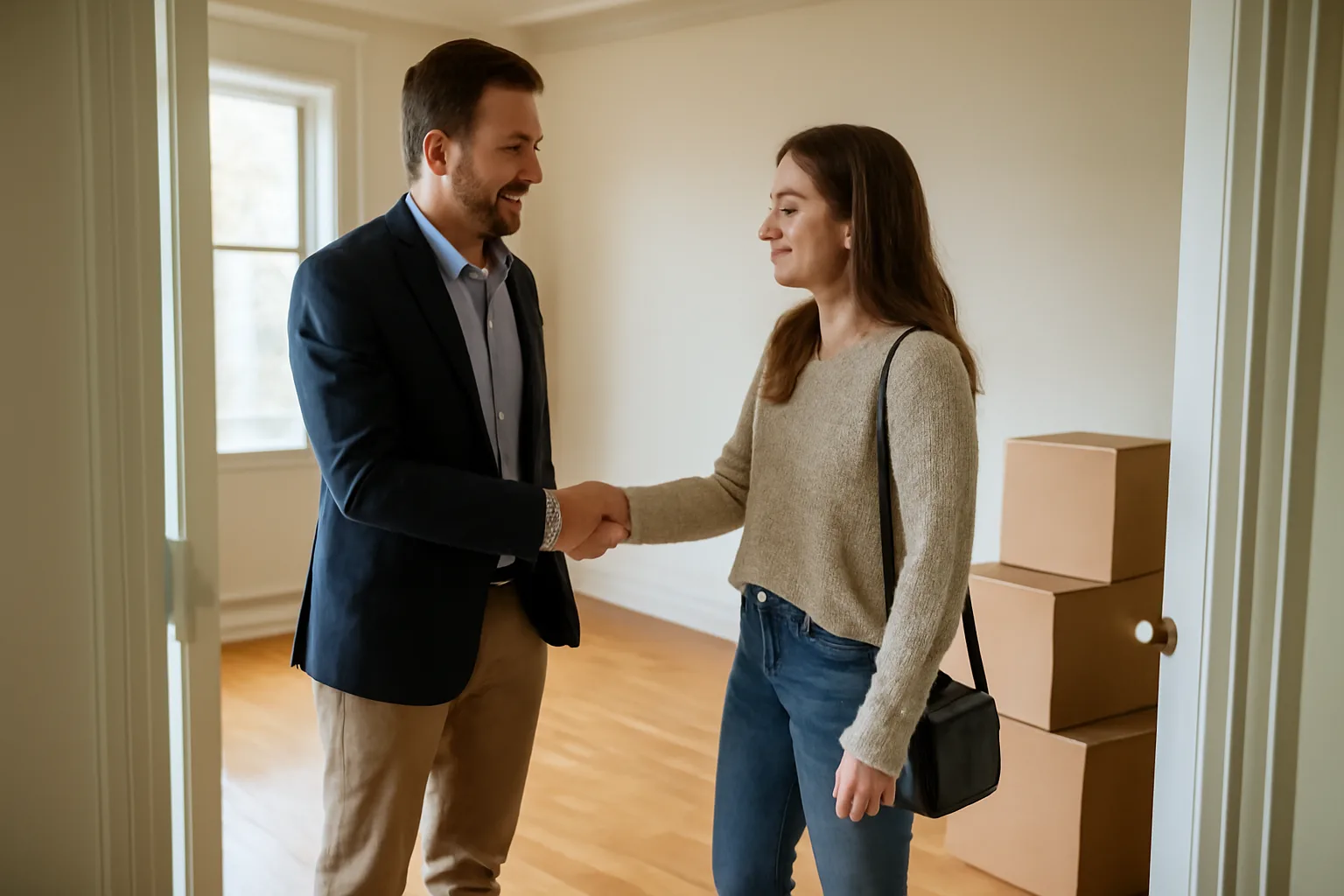 Landlord and tenant reviewing an empty rental unit during a move-in walk-through inspection