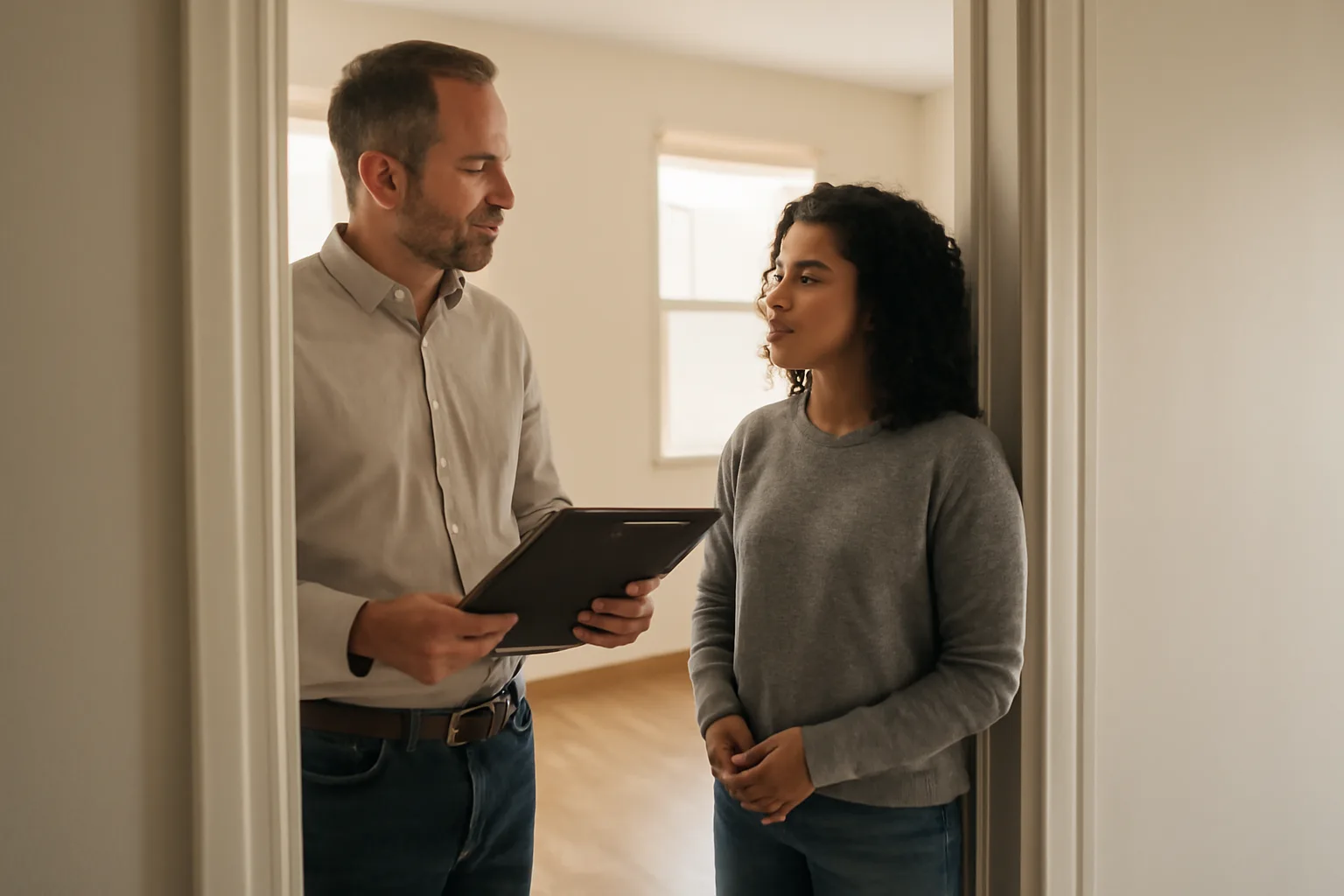 Landlord and tenant during a rental unit walkthrough inspection in California