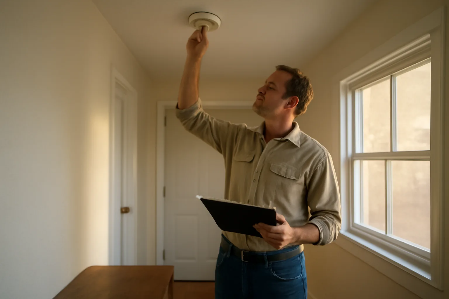 Landlord checking a smoke detector during a routine rental property inspection