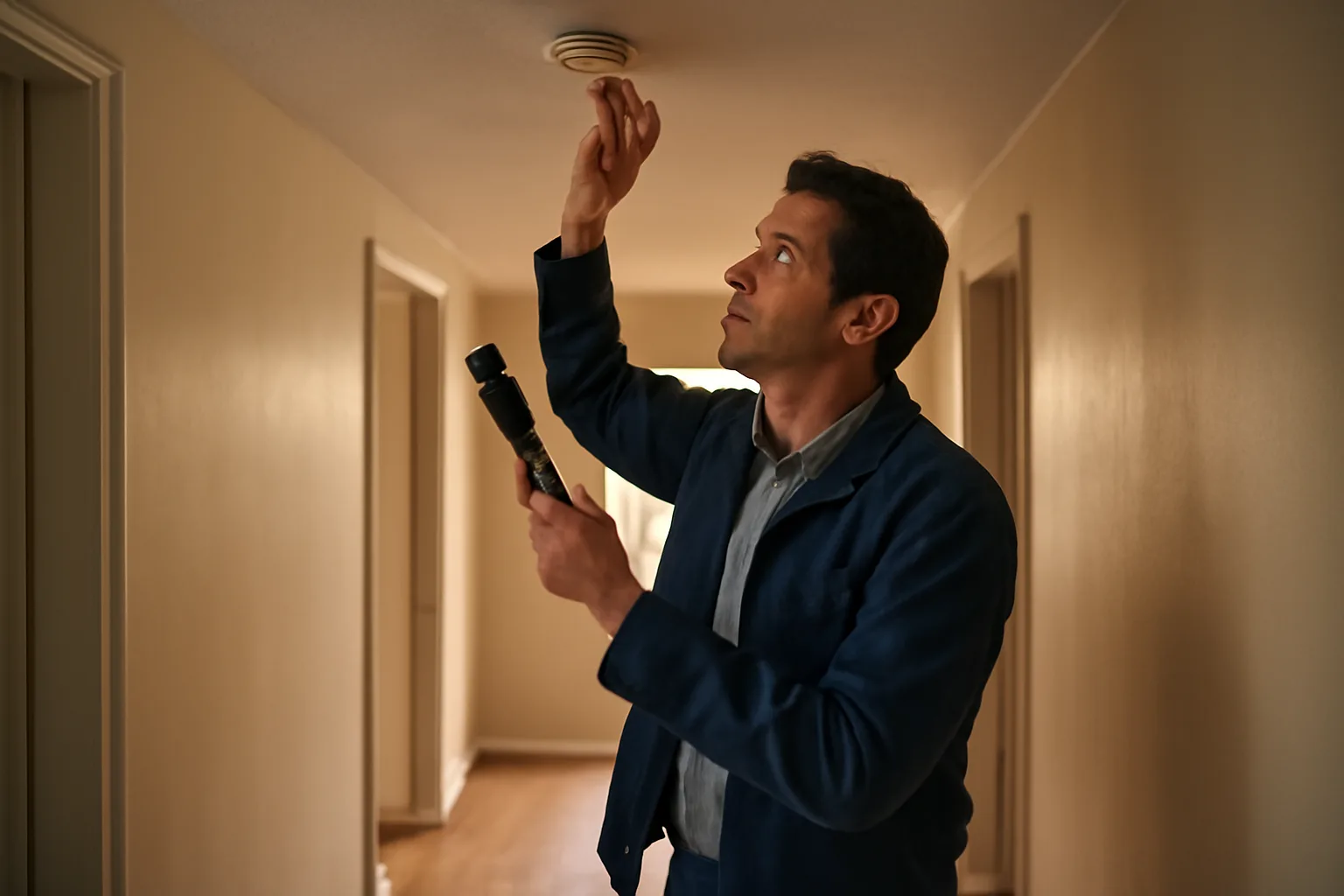 Landlord checking a smoke detector during a rental unit inspection walkthrough