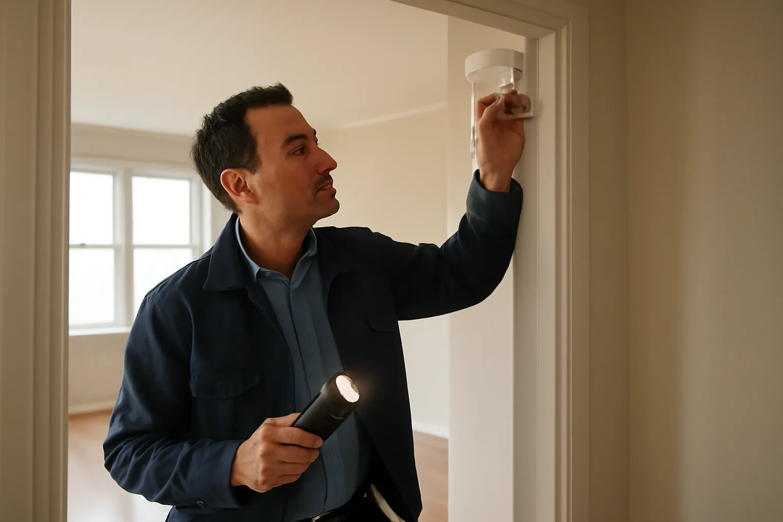 Landlord checking a smoke detector during a rental property inspection