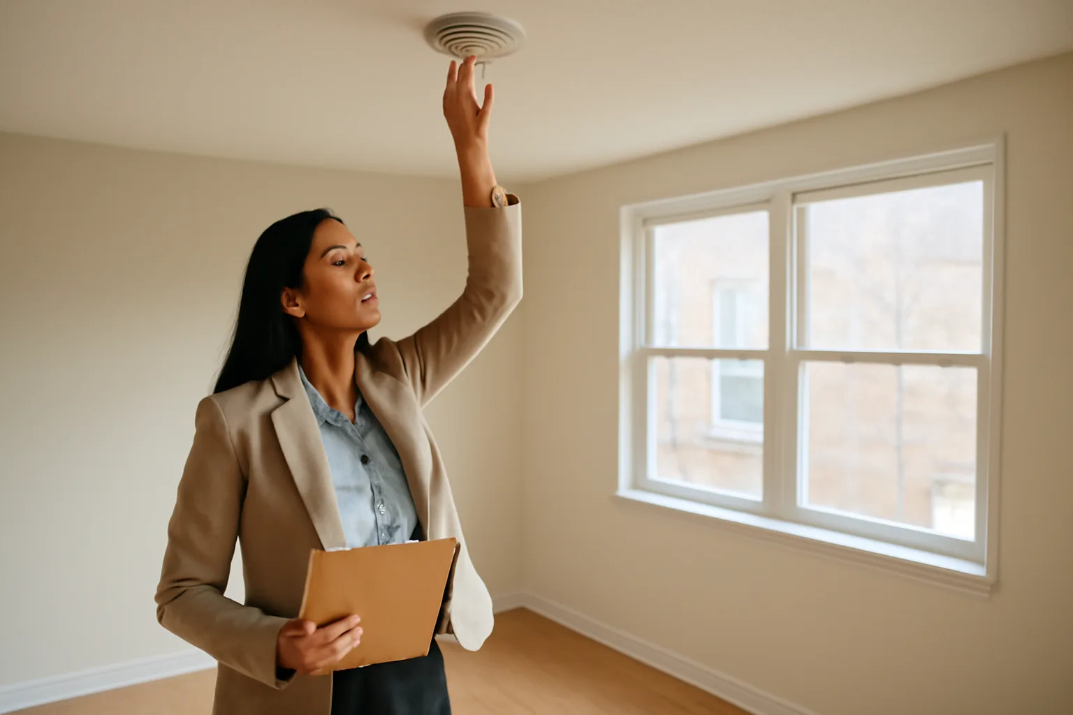 Property manager checking a smoke detector during a rental property inspection