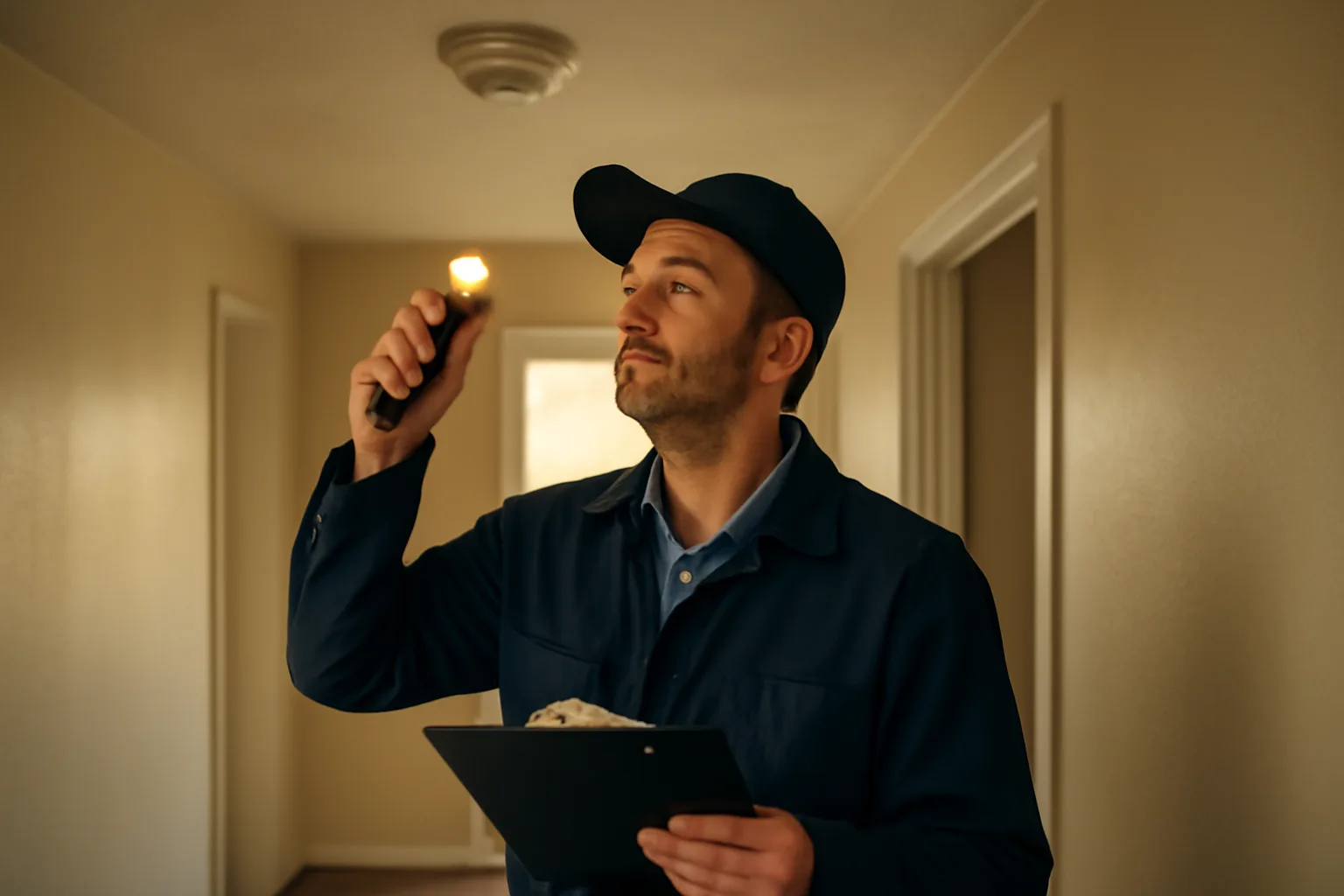 Landlord checking a smoke detector during a routine rental property inspection