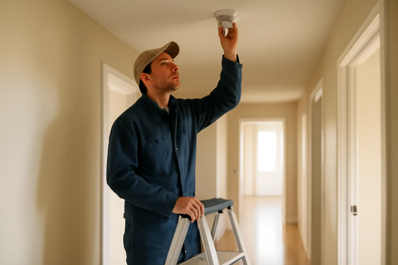 Landlord checking a smoke detector during a rental property inspection walk-through