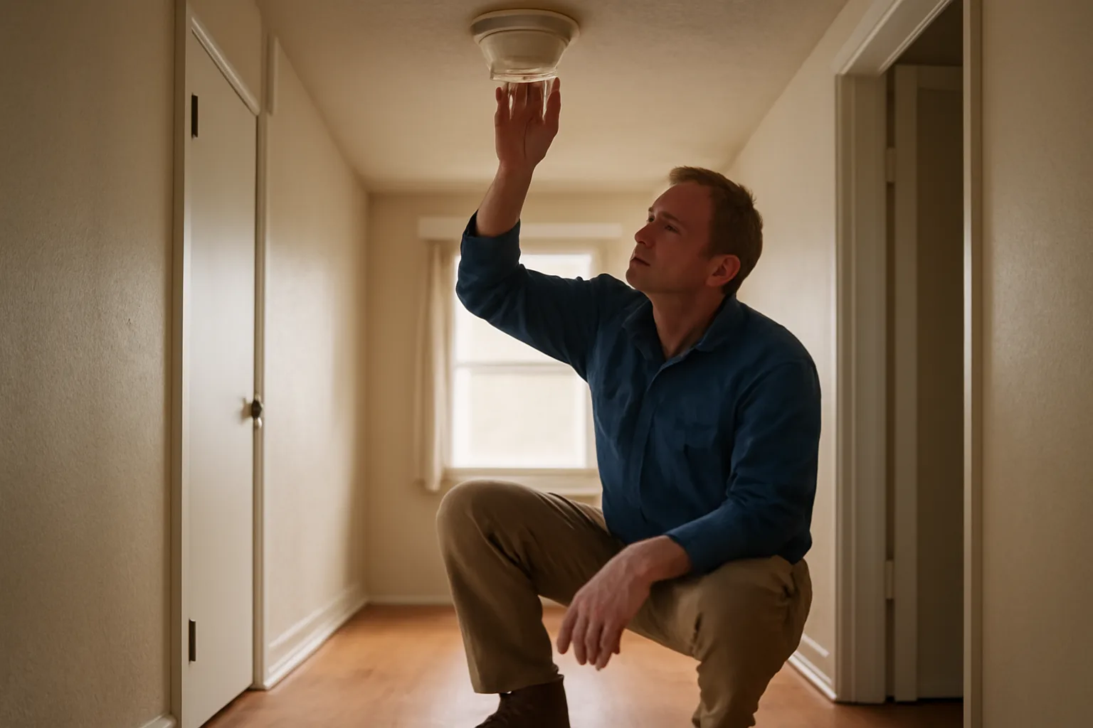 Landlord checking a smoke detector during a routine rental inspection walk-through