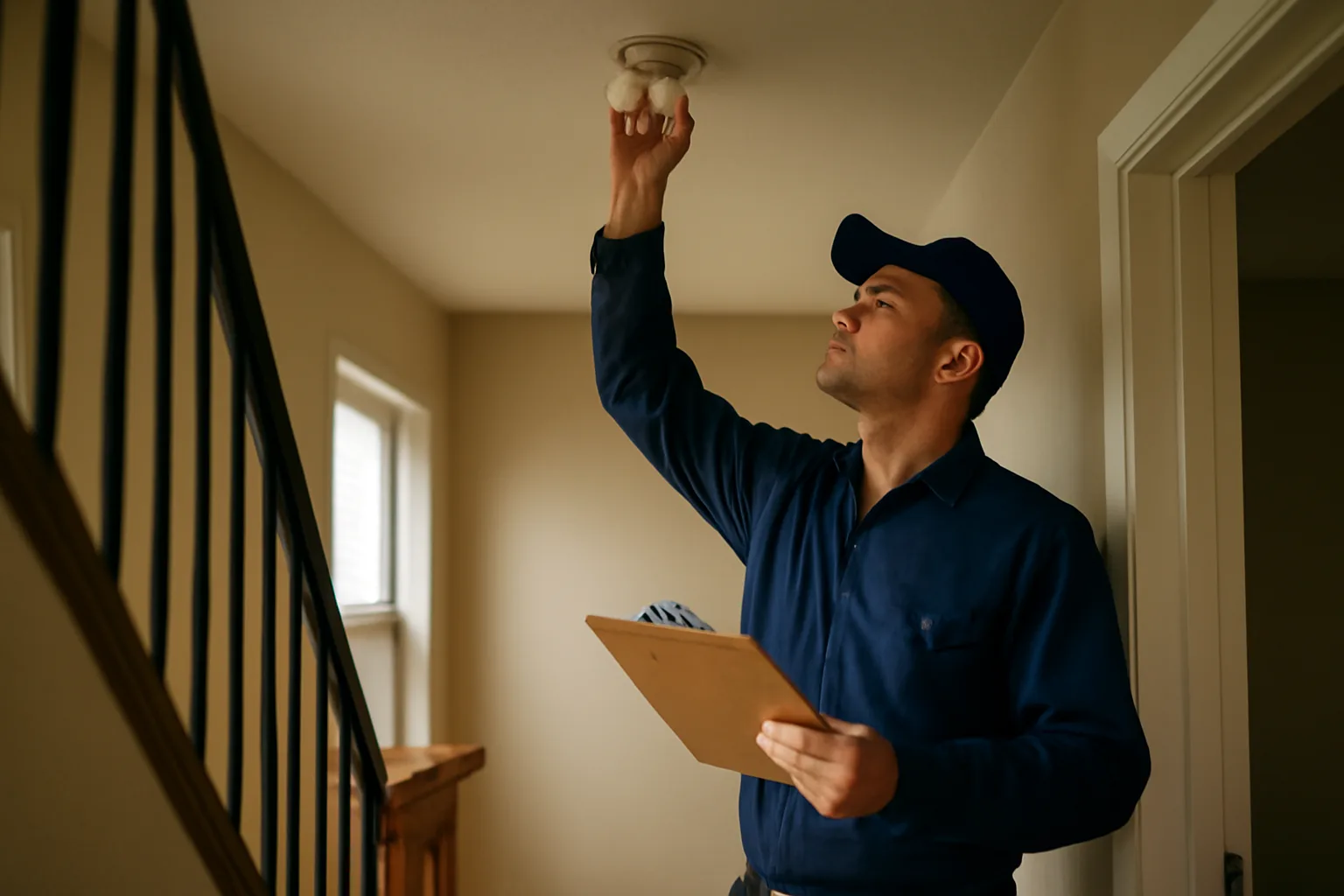 Inspector checking a smoke detector during a routine rental property inspection