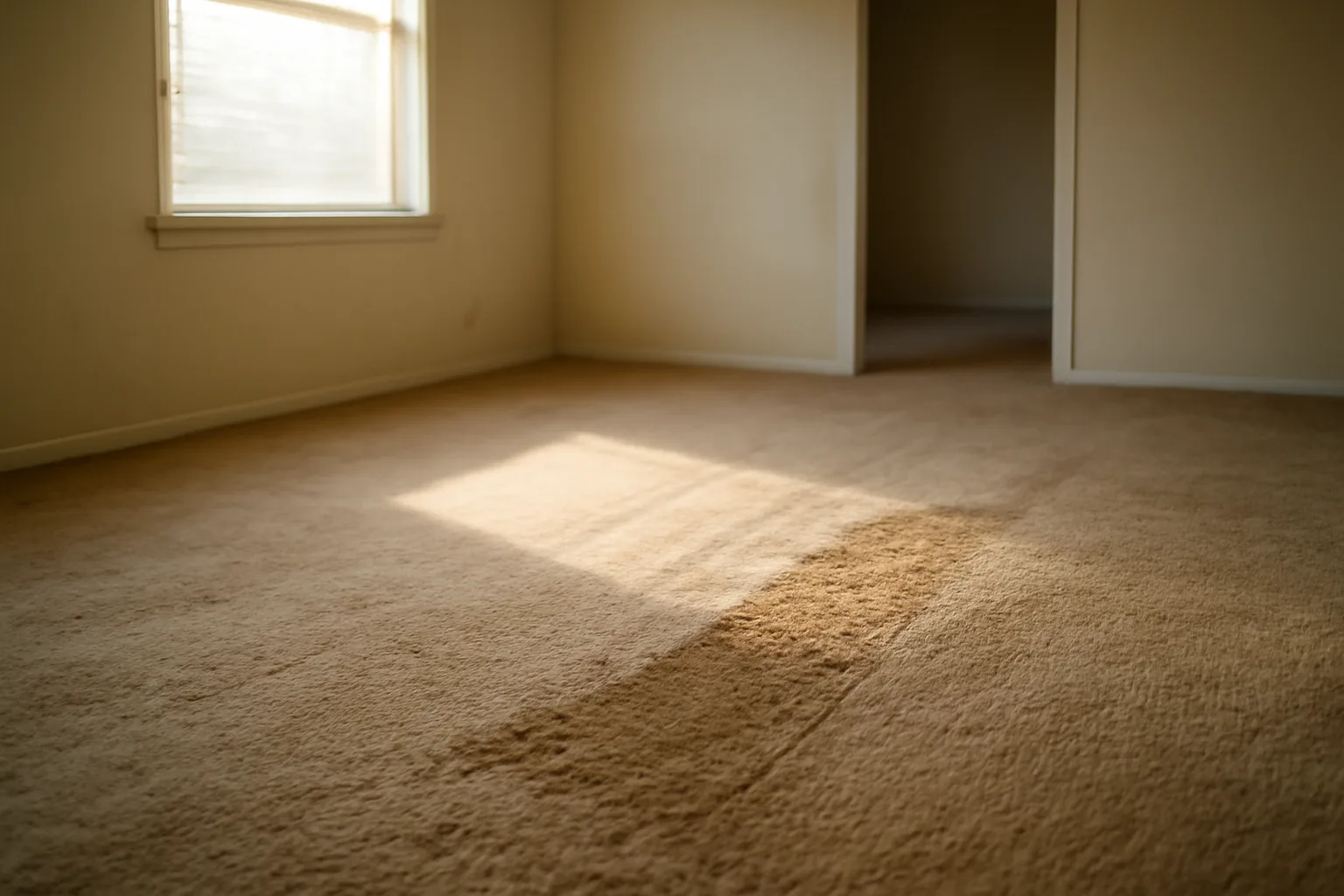 Worn carpet in an empty rental unit showing normal wear patterns near a doorway