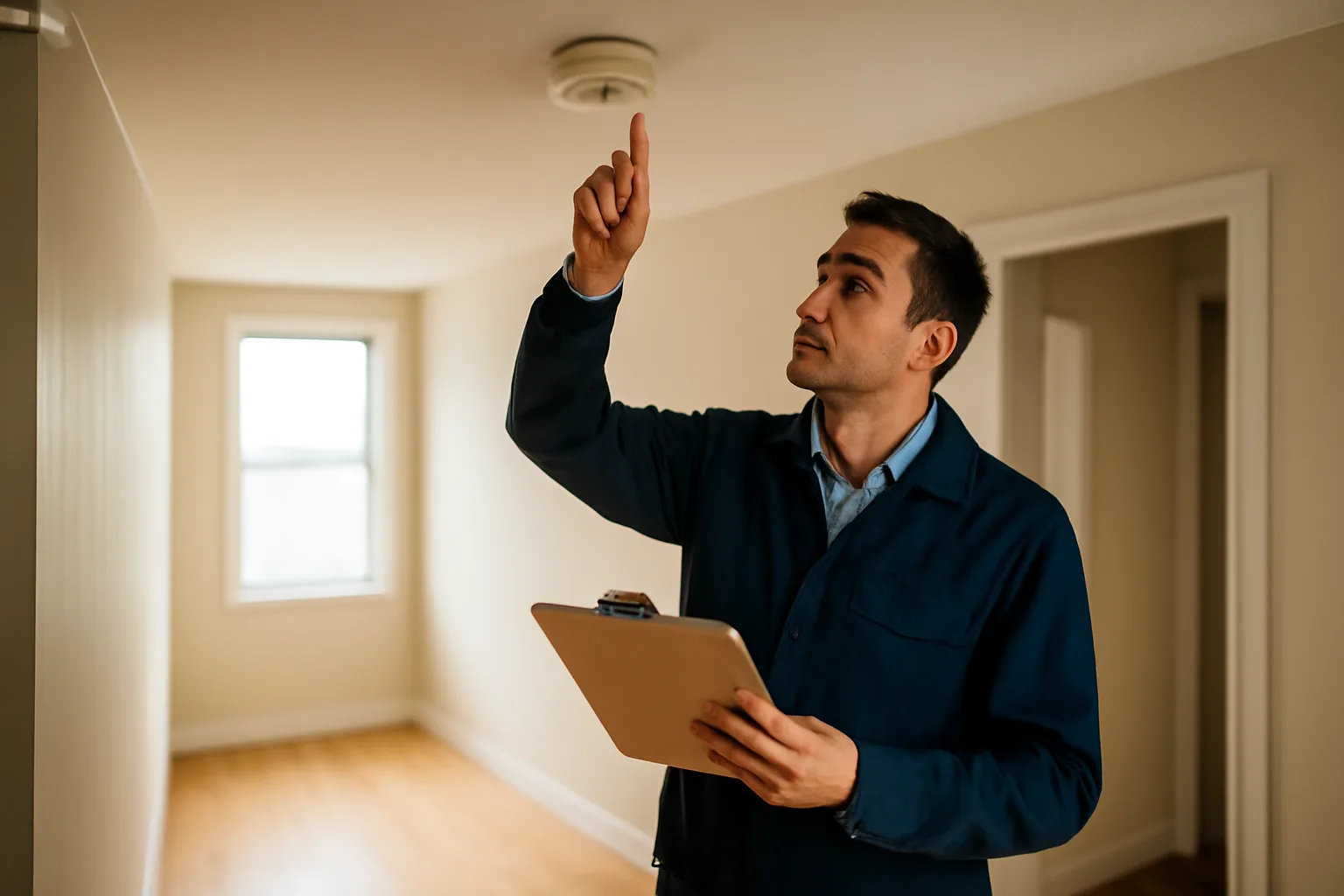 Landlord inspecting a smoke detector during a rental property walkthrough