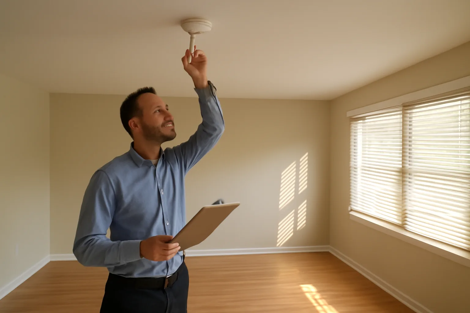 Property manager checking a smoke alarm during a routine rental inspection walk-through