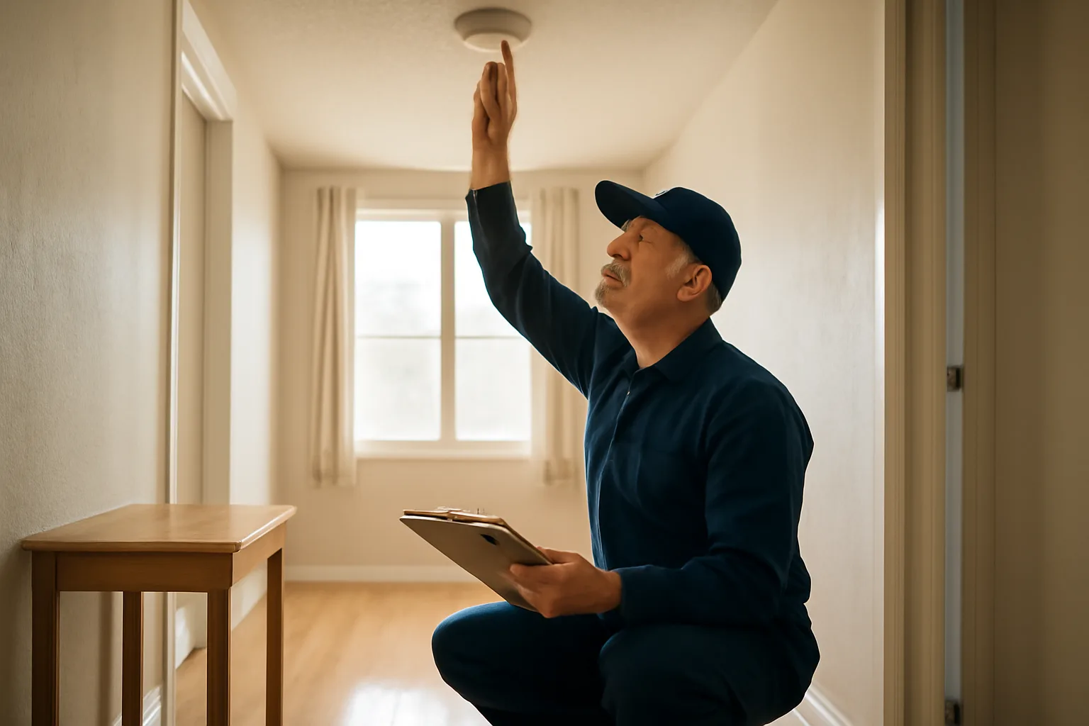 Landlord checking a smoke detector during a routine rental property inspection