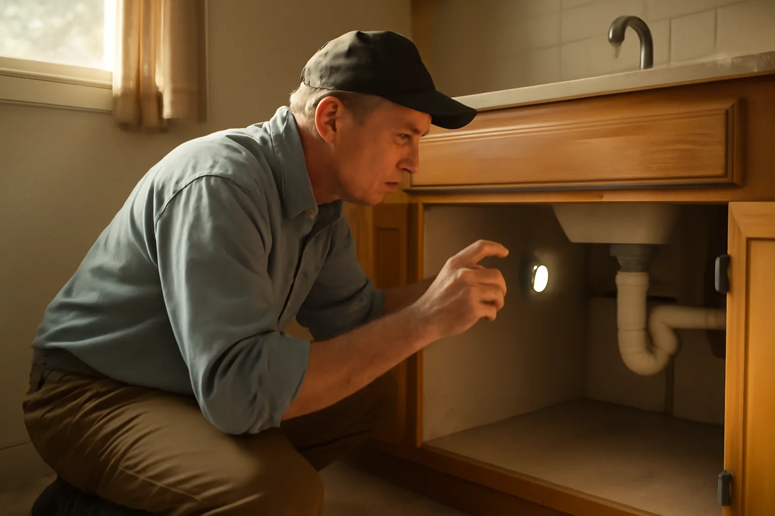 Landlord inspecting under a kitchen sink during a rental property walkthrough