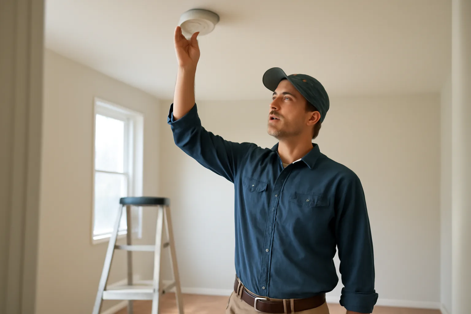 Landlord checking a smoke detector during a rental unit inspection walkthrough