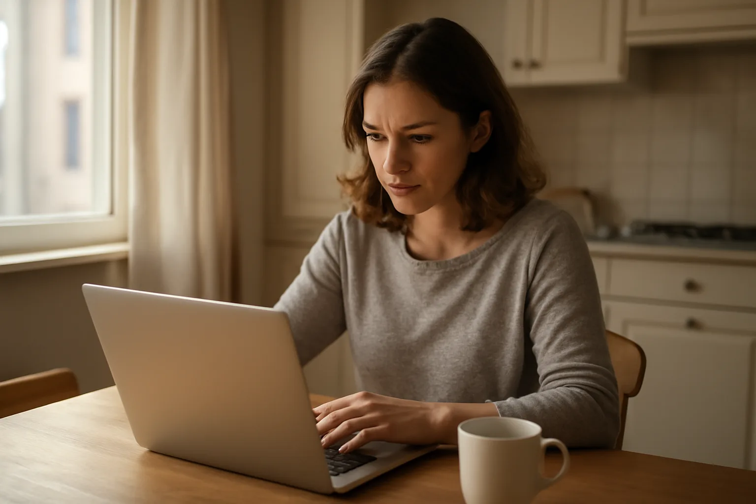 Tenant researching landlord license status on a laptop at home