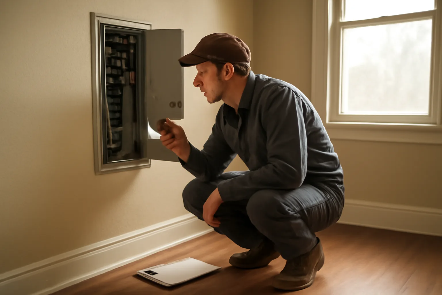 Landlord inspecting an electrical panel during a rental unit walk-through