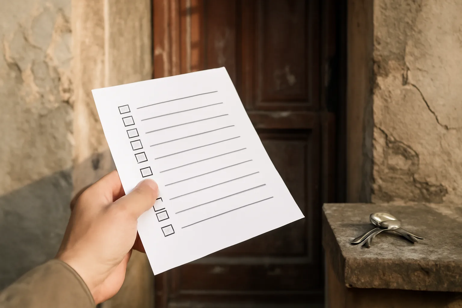 Hand holding an inspection checklist outside an apartment building doorway in morning light
