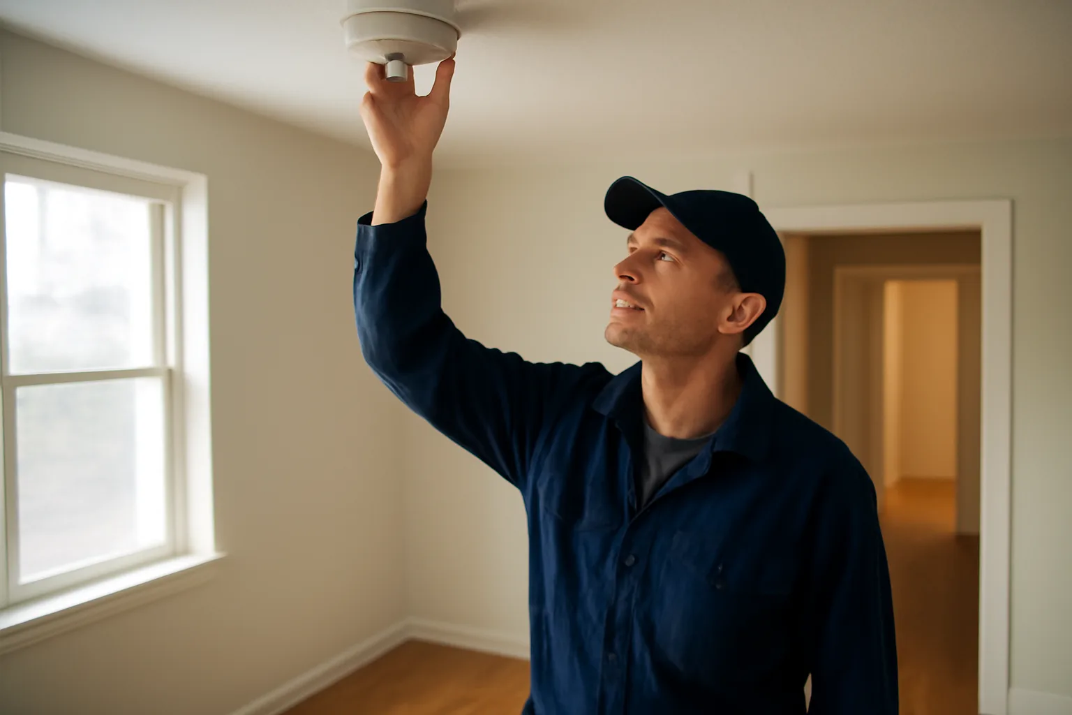 Landlord checking a smoke detector during a rental unit inspection walkthrough