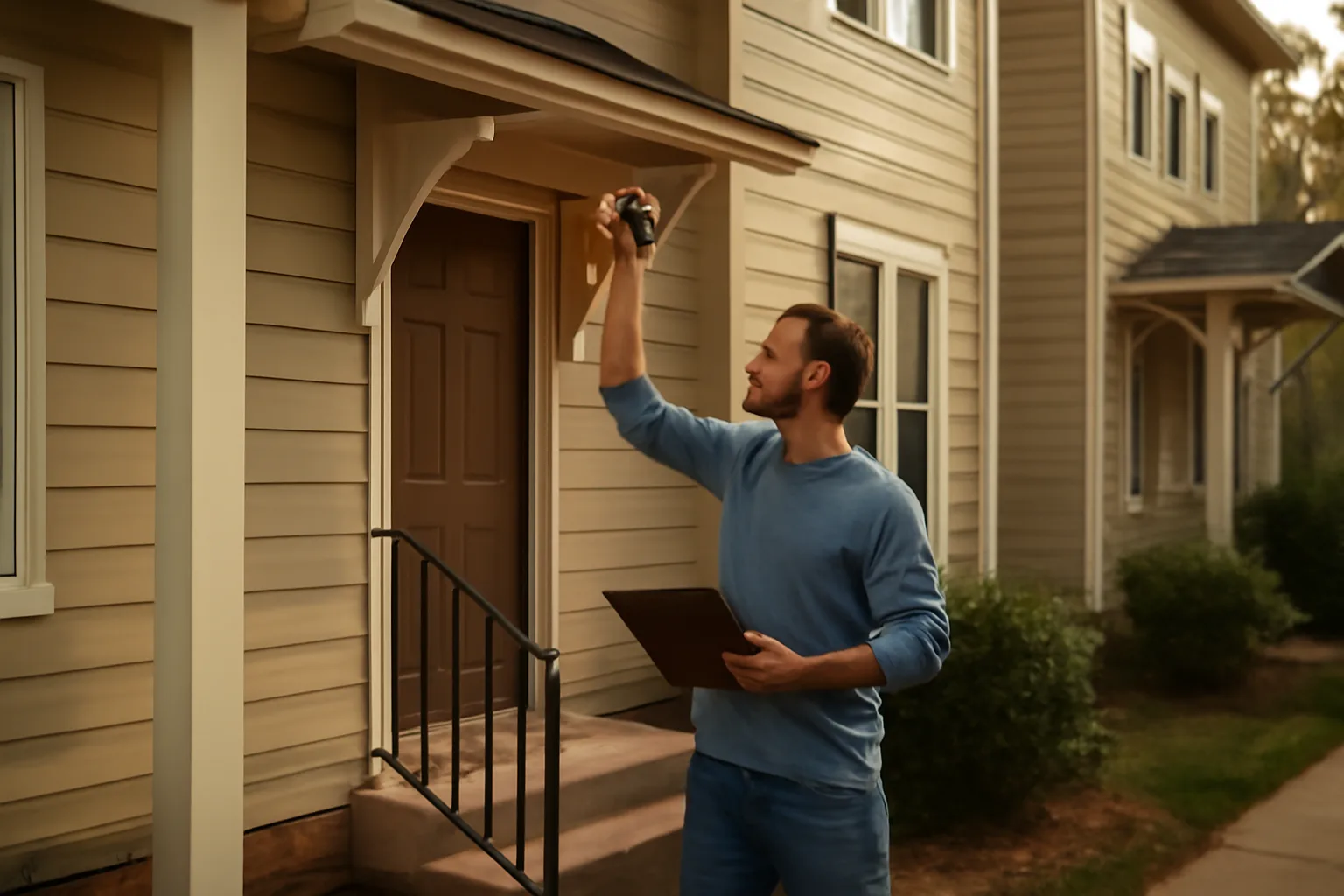 Landlord inspecting a smoke detector during a rental property walk-through