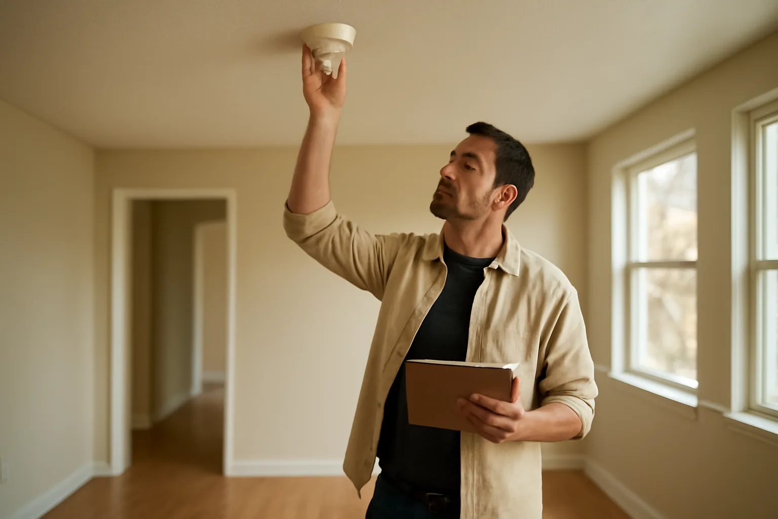 Landlord checking a smoke detector during a rental unit walk-through inspection