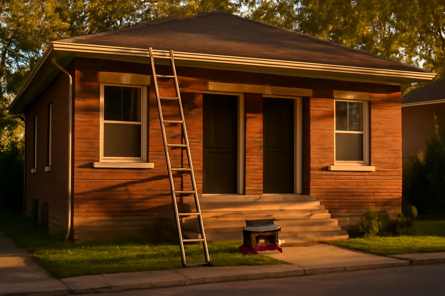 Brick rental duplex with ladder and toolbox on porch steps at golden hour